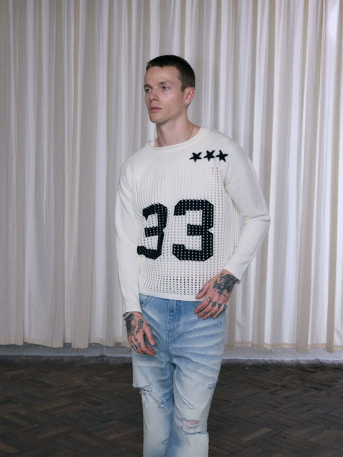 Open-Mesh Number Wool-Blend Crewneck - Image 4