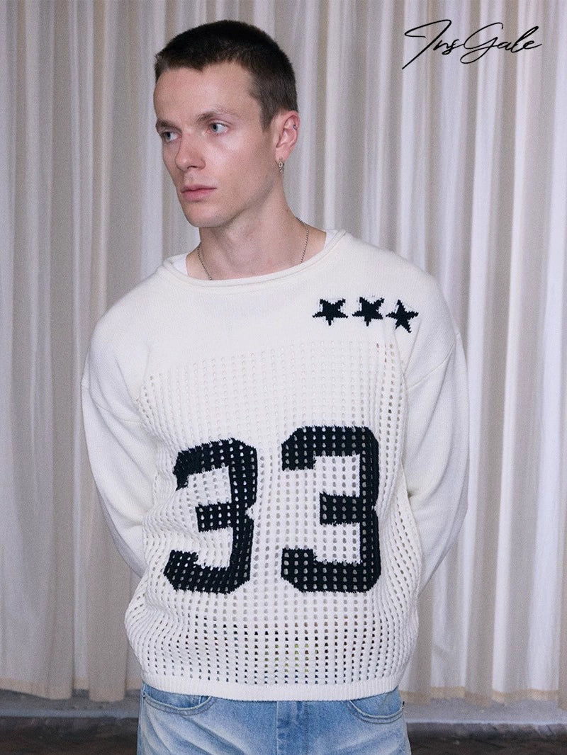 Open-Mesh Number Wool-Blend Crewneck - Image 6