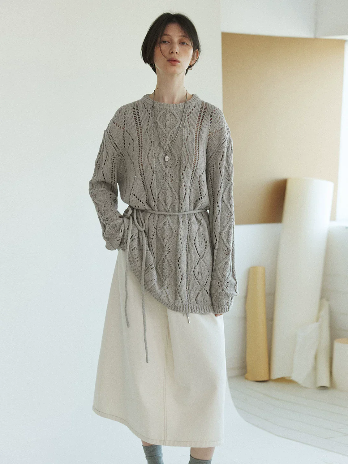 Openwork Tie-Belt Knit Sweater - Image 2