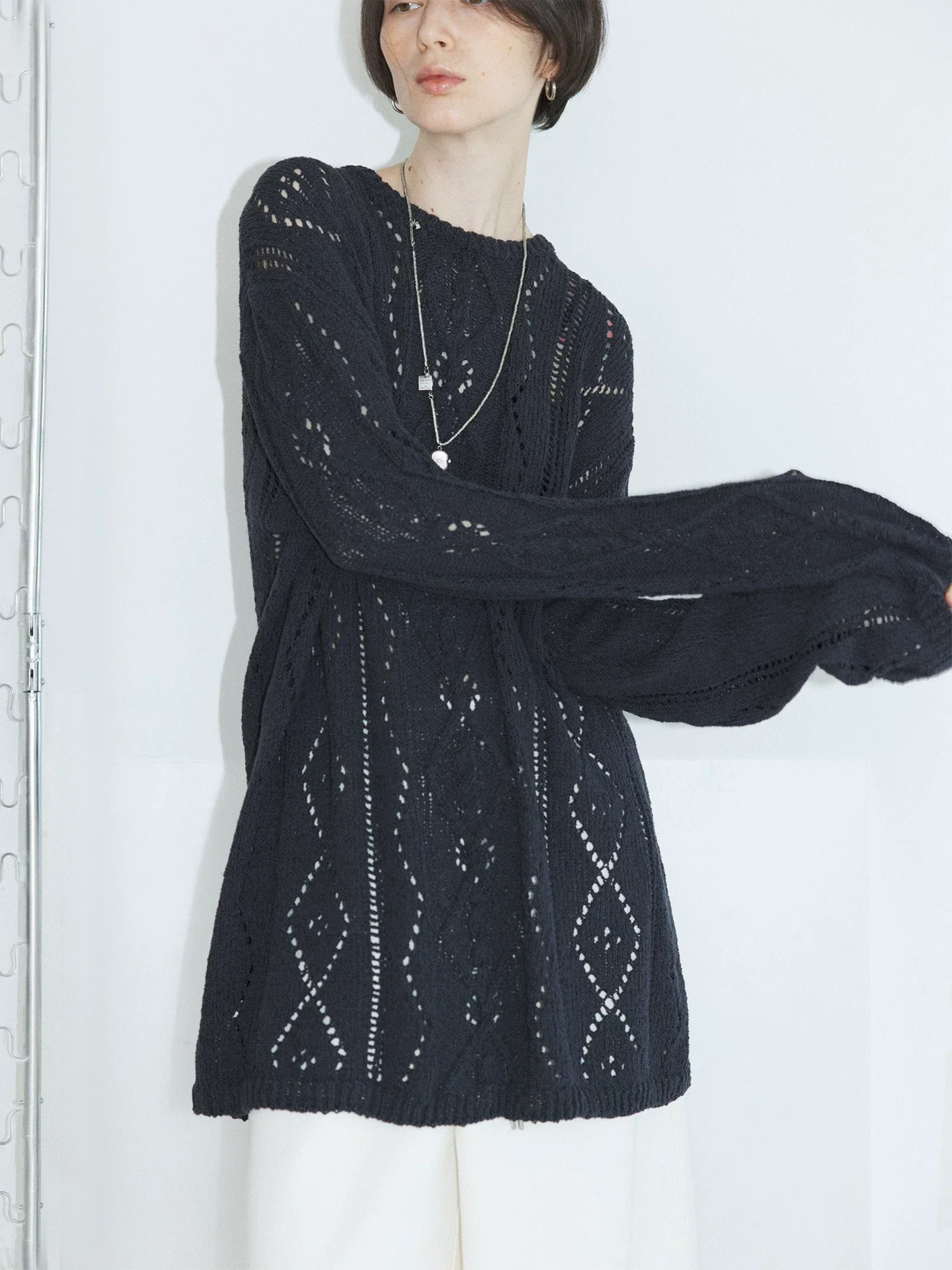 Openwork Tie-Belt Knit Sweater - Image 3