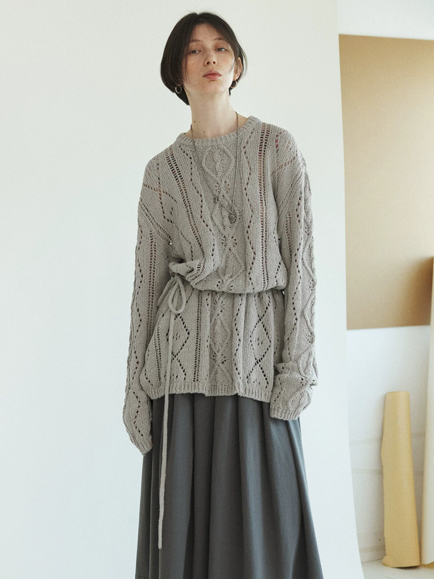 Openwork Tie-Belt Knit Sweater - Image 6