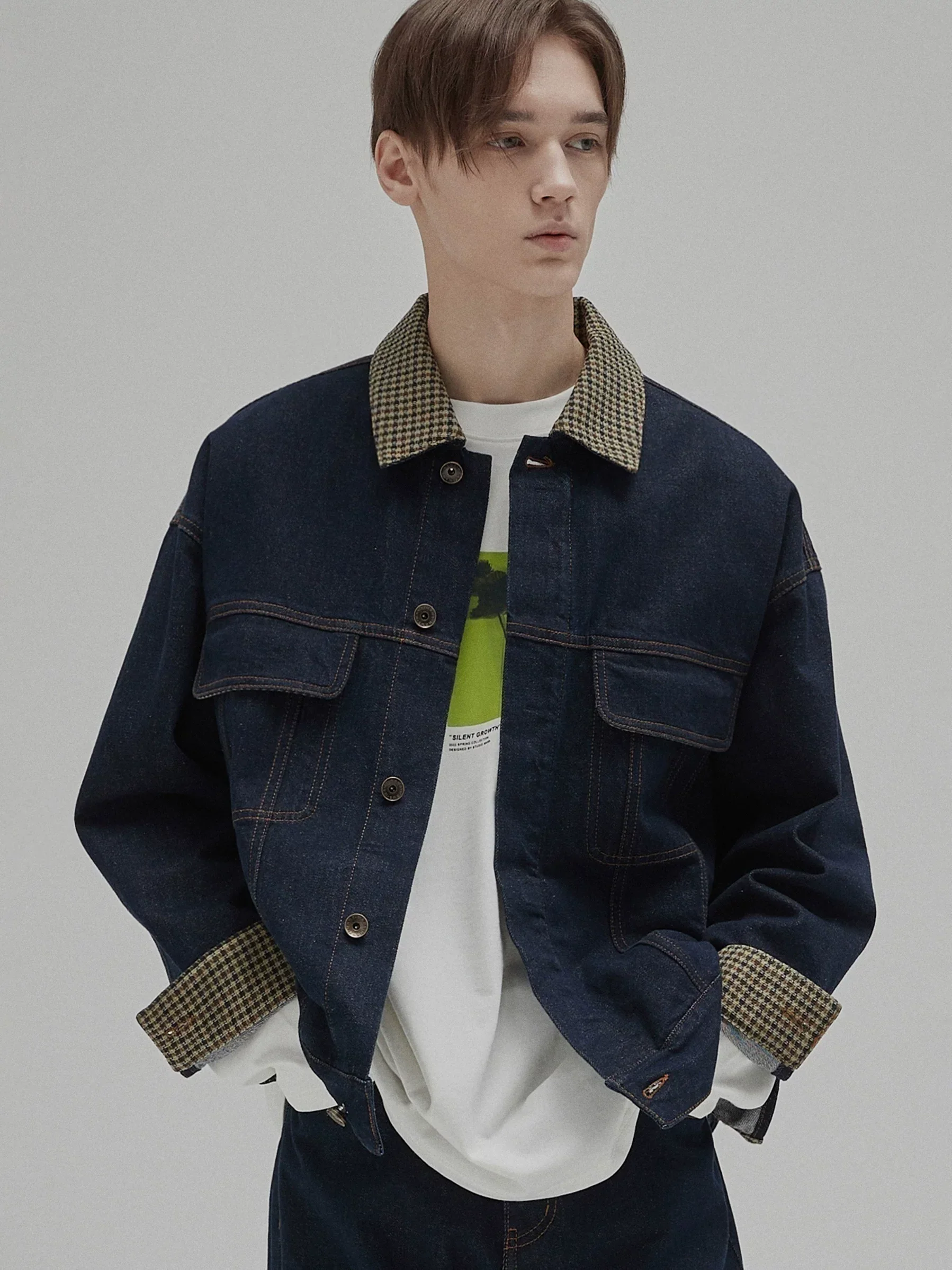 Oversized 12oz Denim Jacket with Plaid Collar