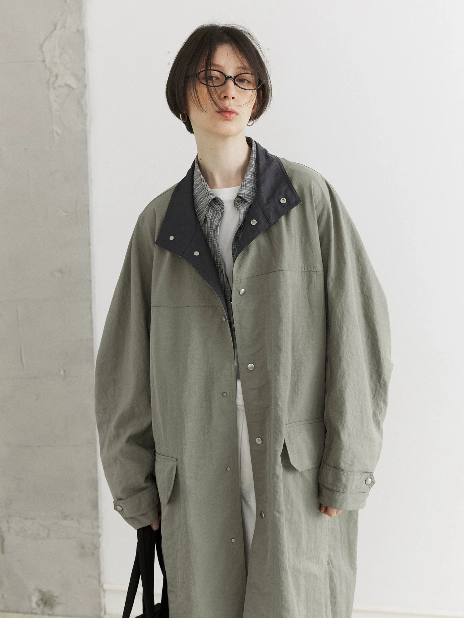 Oversized Contrast Collar Nylon Coat