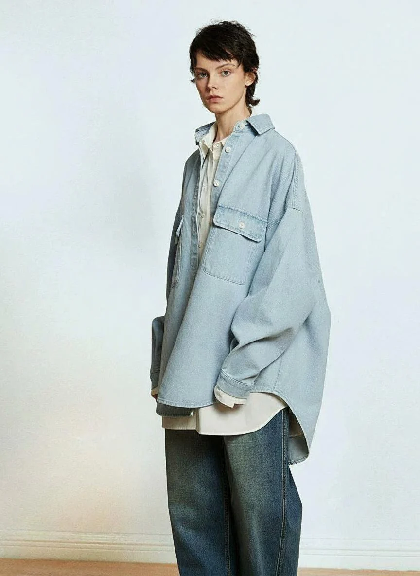 Oversized Sea Salt Mist Denim Shirt - Image 2