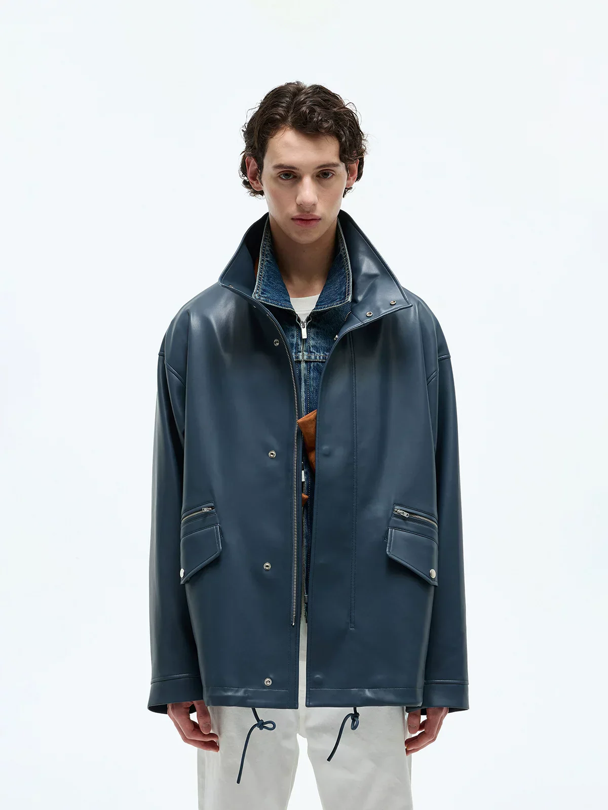 Oversized Stand-Collar Faux Lambskin Coach Jacket