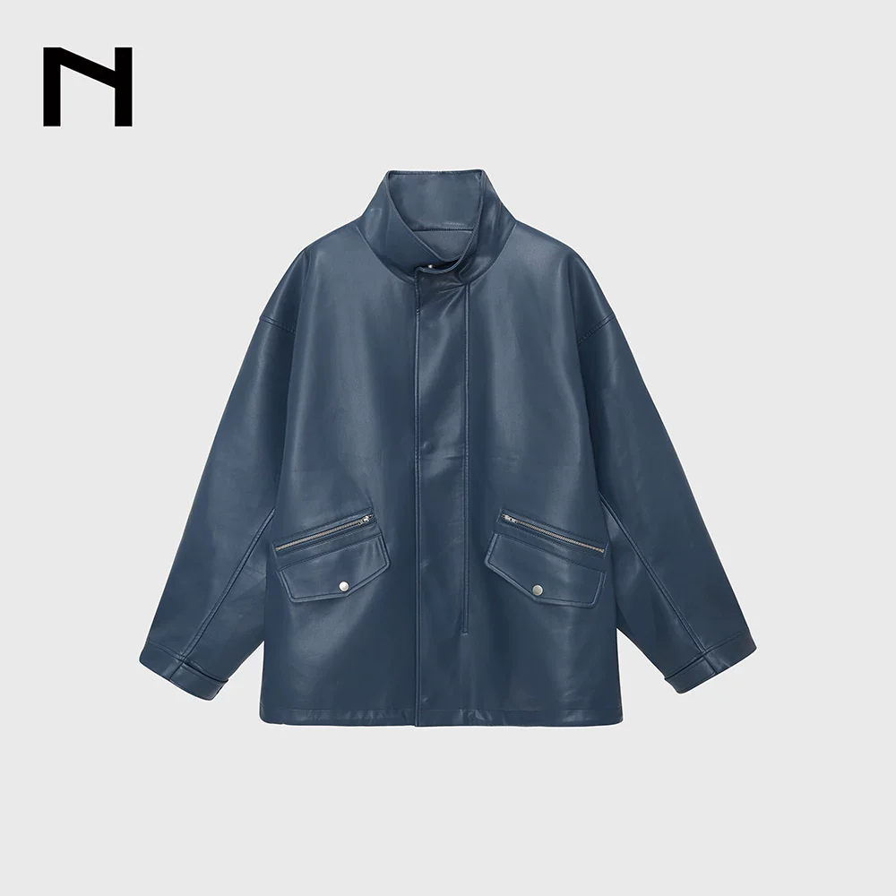 Oversized Stand-Collar Faux Lambskin Coach Jacket - Image 6