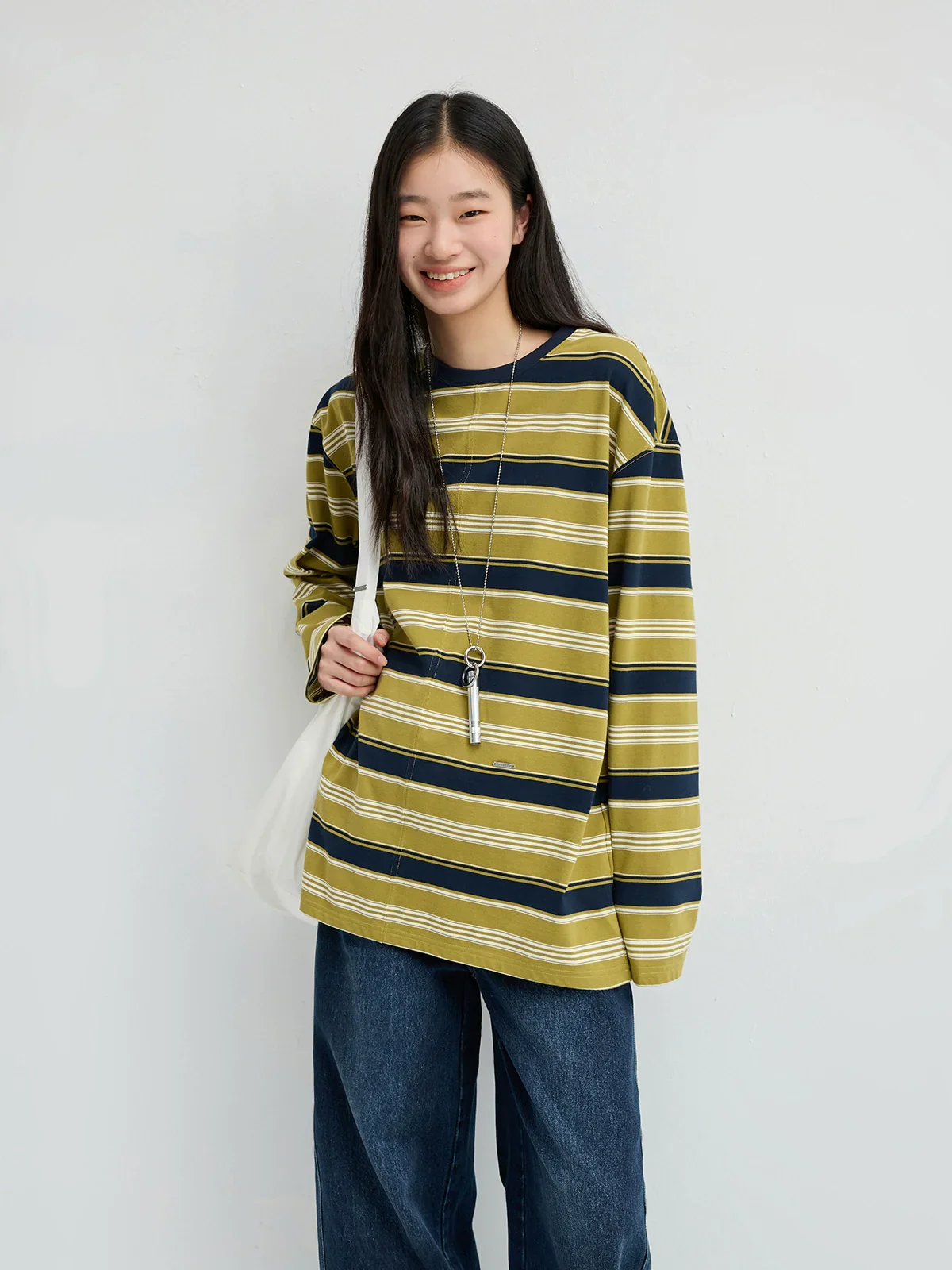 Oversized Striped Long Sleeve Crewneck Tee