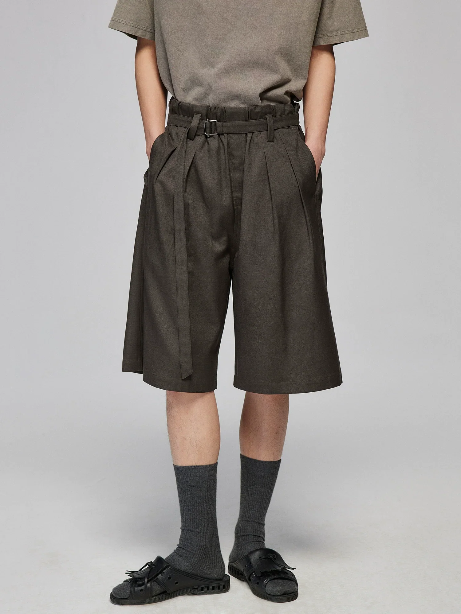 Paperbag-Waist Pleated Bermuda Shorts