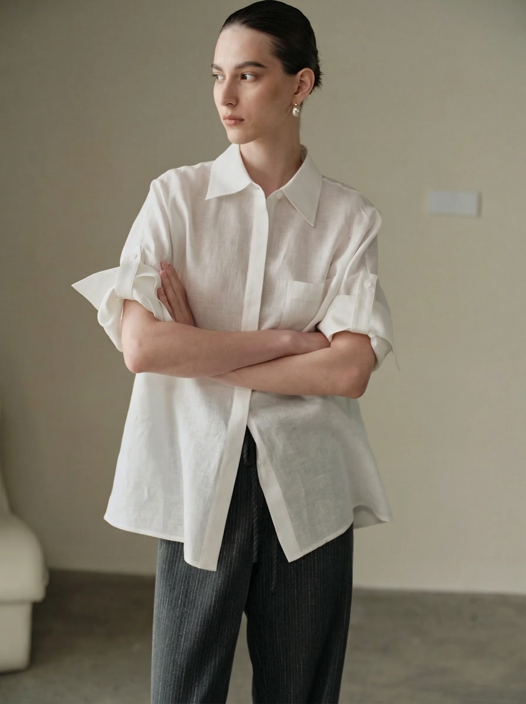 Parma White Linen Short-Sleeve Button-Up - Image 2
