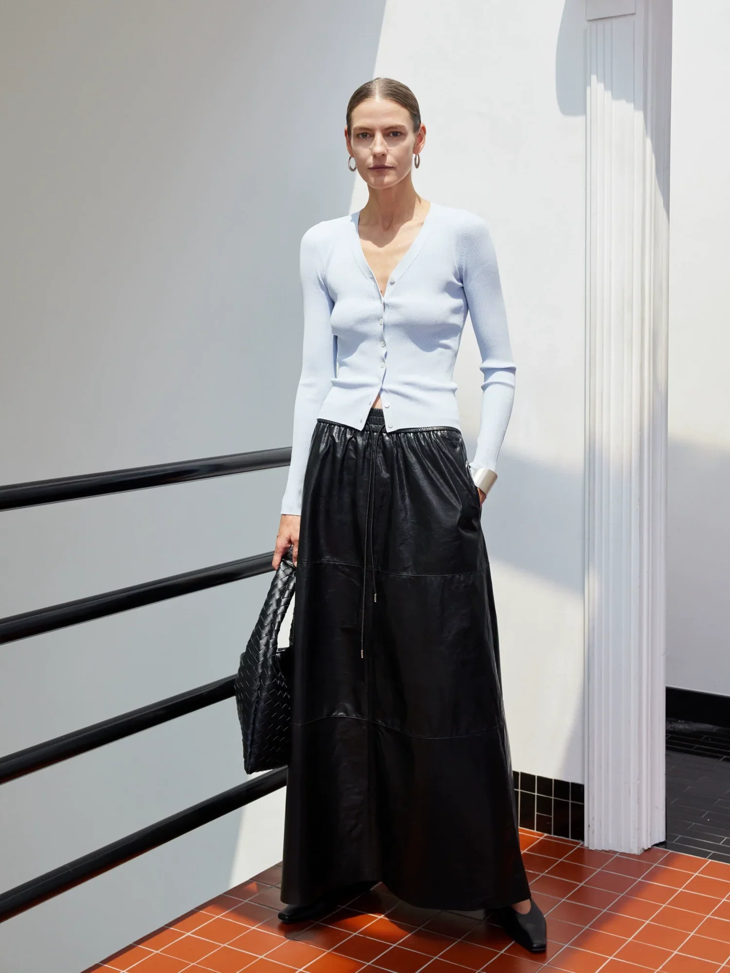 Pearlescent Lambskin Drawstring A-line Maxi Skirt