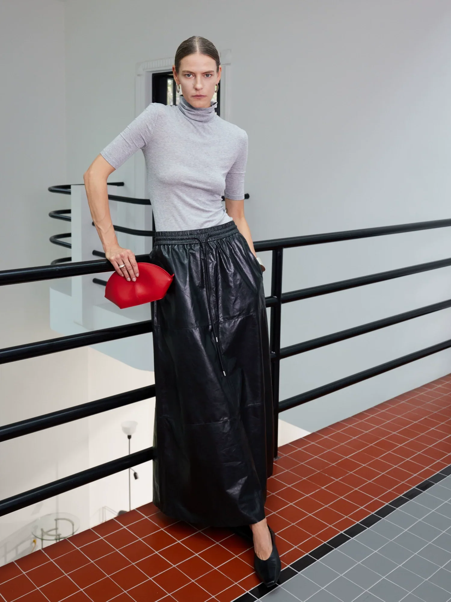 Pearlescent Lambskin Drawstring A-line Maxi Skirt - Image 3