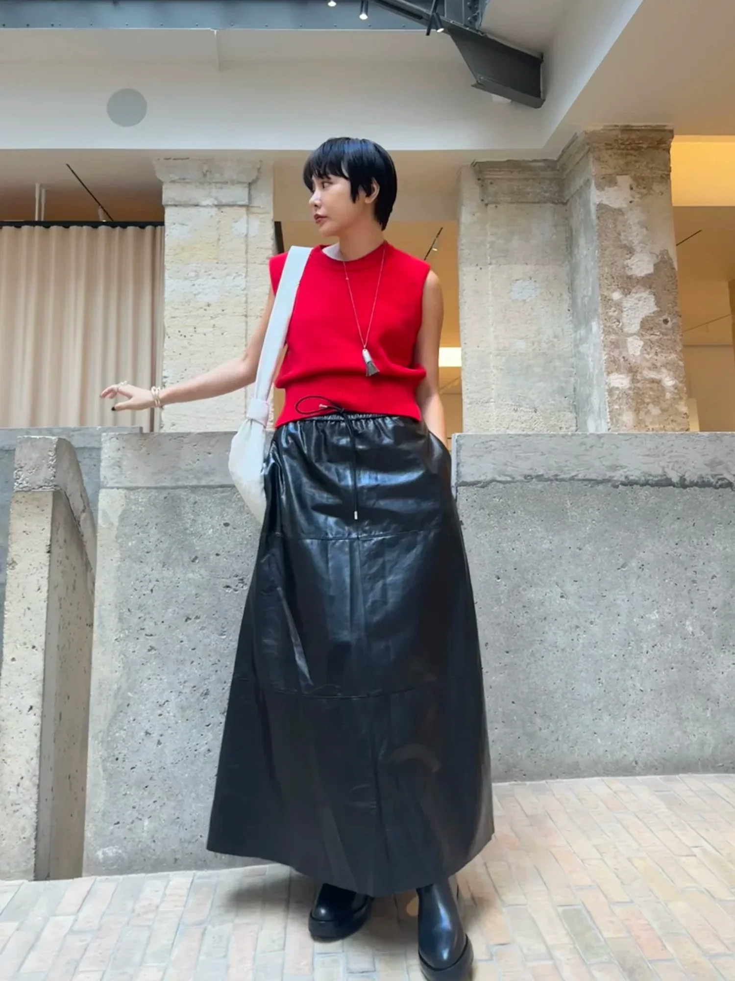 Pearlescent Lambskin Drawstring A-line Maxi Skirt - Image 4