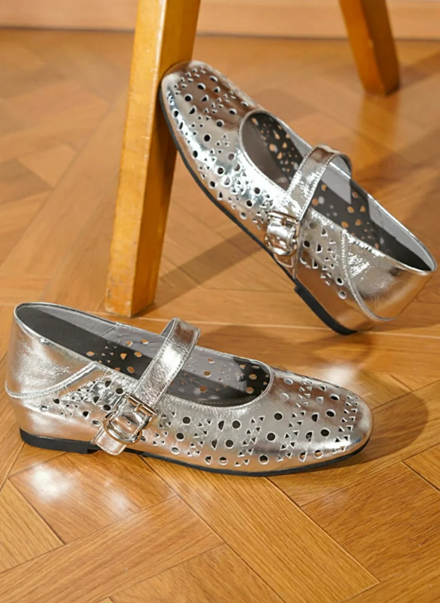 Perforated Leather Mary Jane Flats - Image 3