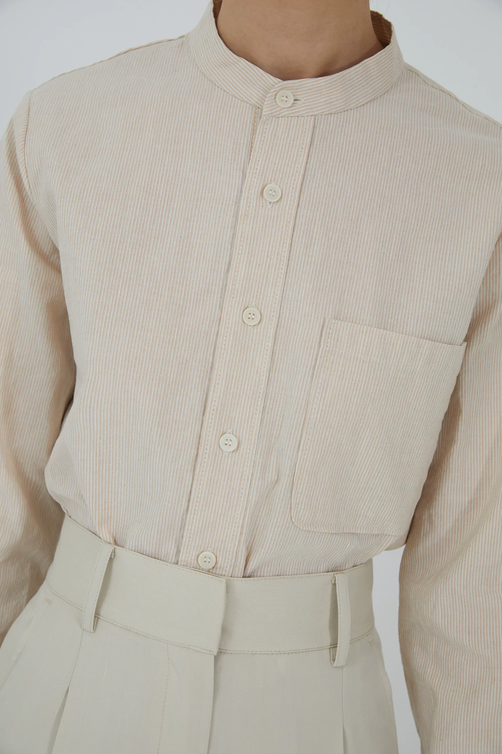 Pinstripe Band Collar Shirt - Image 5