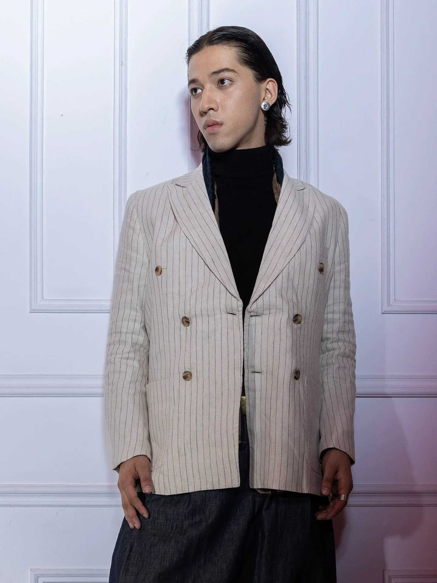 Pinstripe Double-Breasted Peak Lapel Blazer
