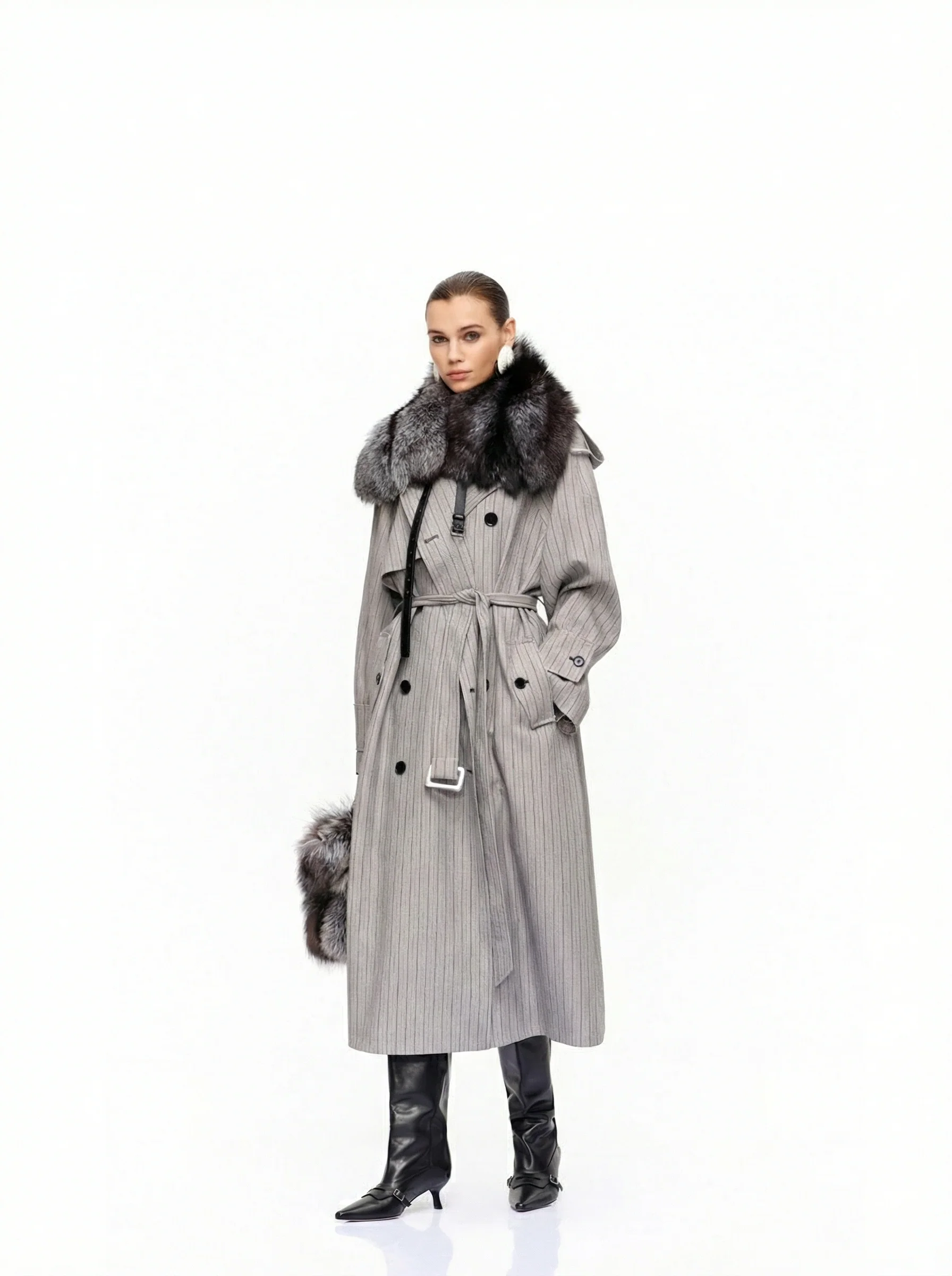 Pinstripe Fur-Collar Trench - Image 4
