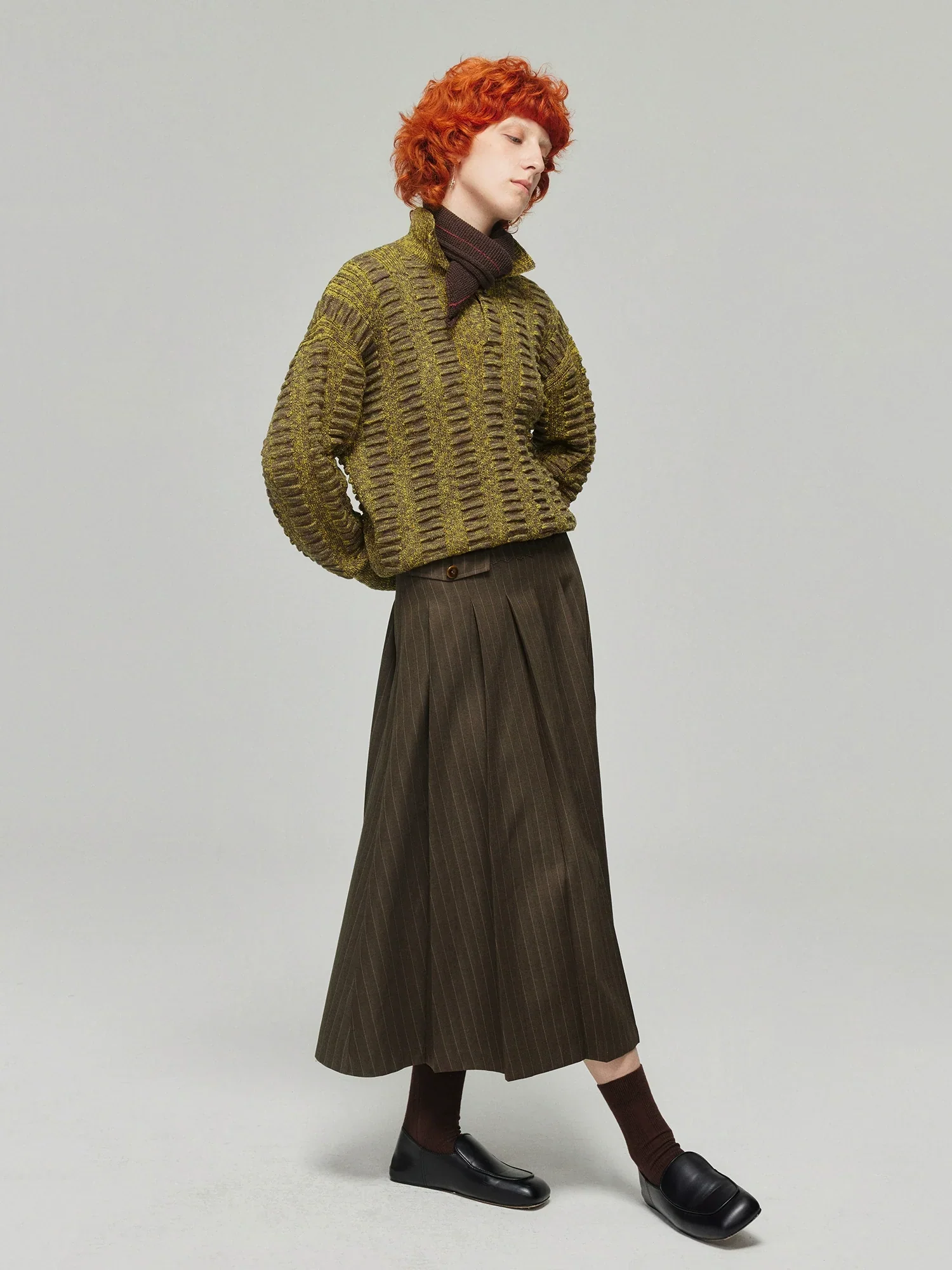 Pinstripe Pleated Midi Skirt