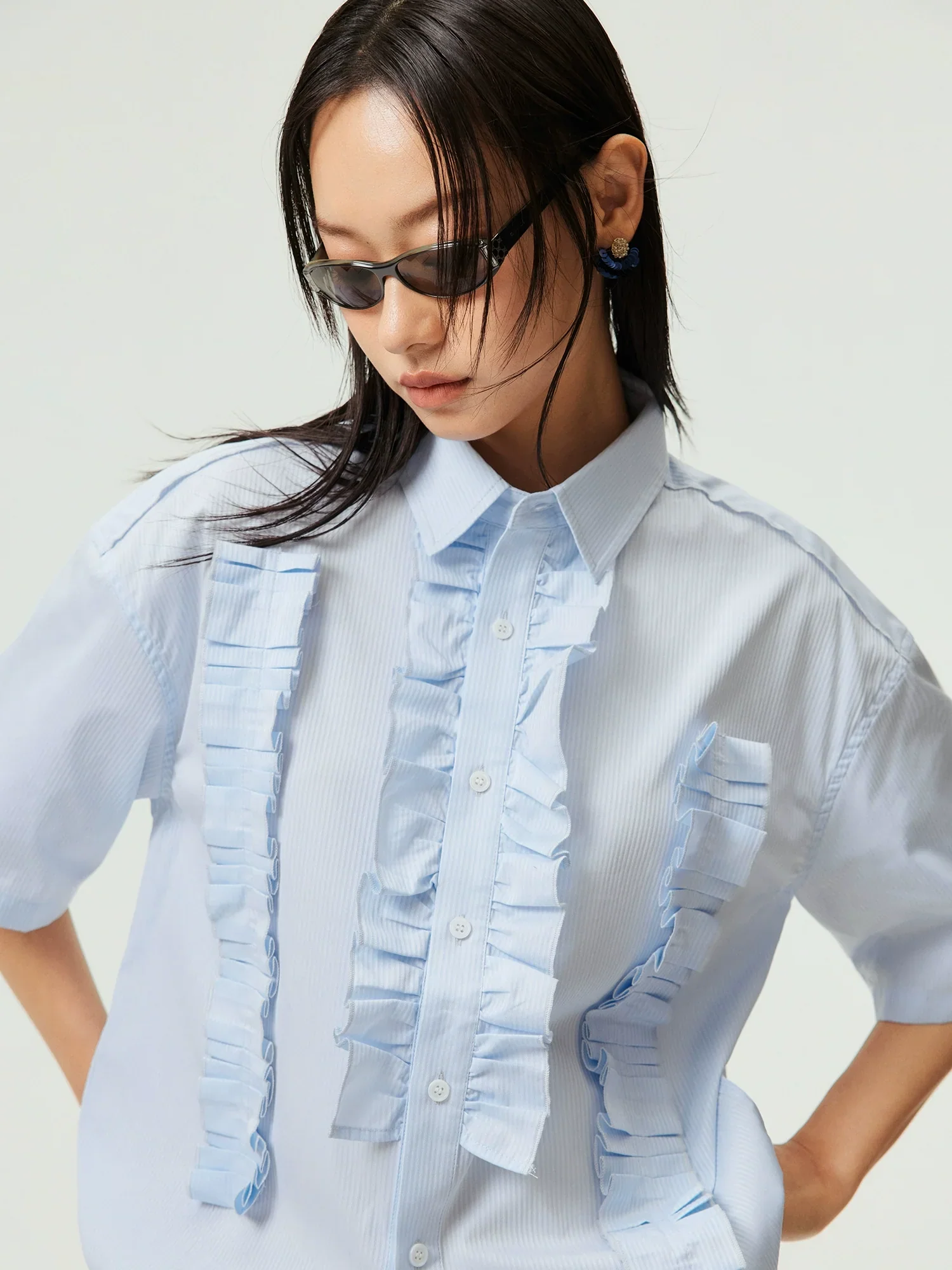 Pinstripe Ruffled Bib Short-Sleeve Shirt - Image 2
