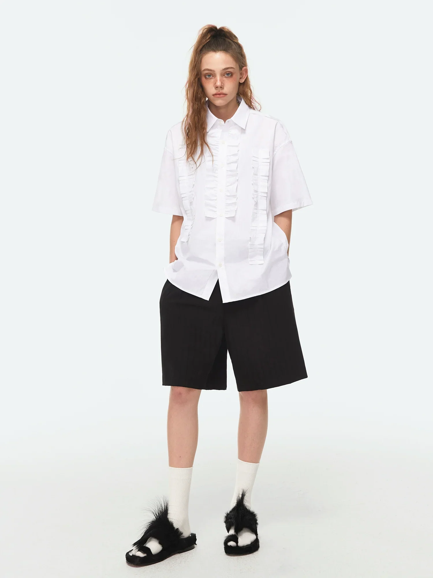 Pinstripe Ruffled Bib Short-Sleeve Shirt - Image 5