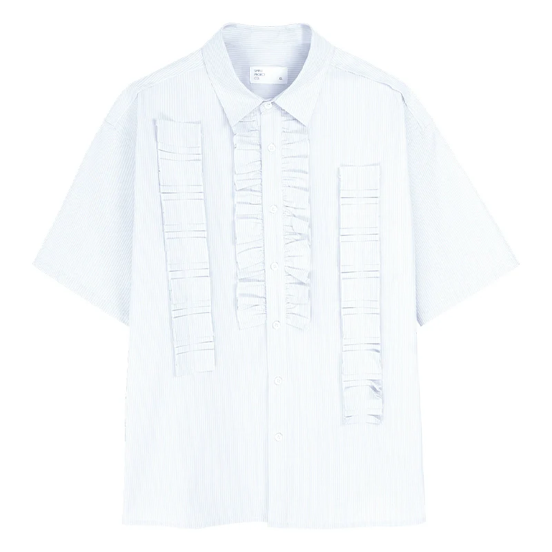 Pinstripe Ruffled Bib Short-Sleeve Shirt - Image 7
