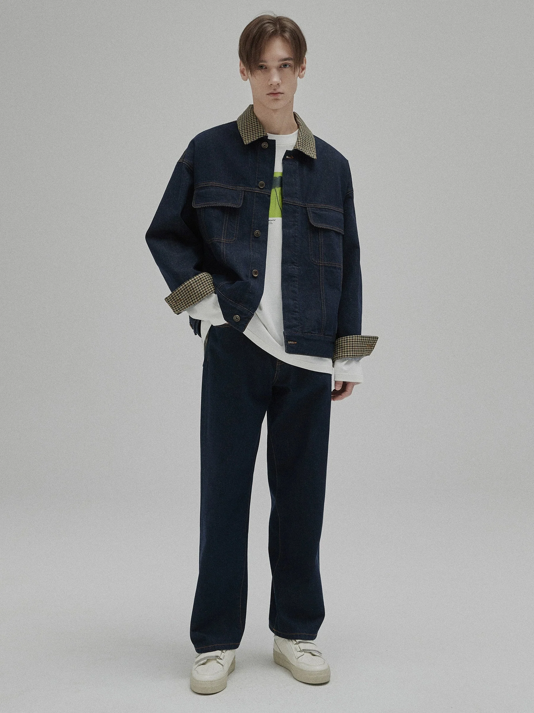 Plaid Stitch Straight Denim Trousers