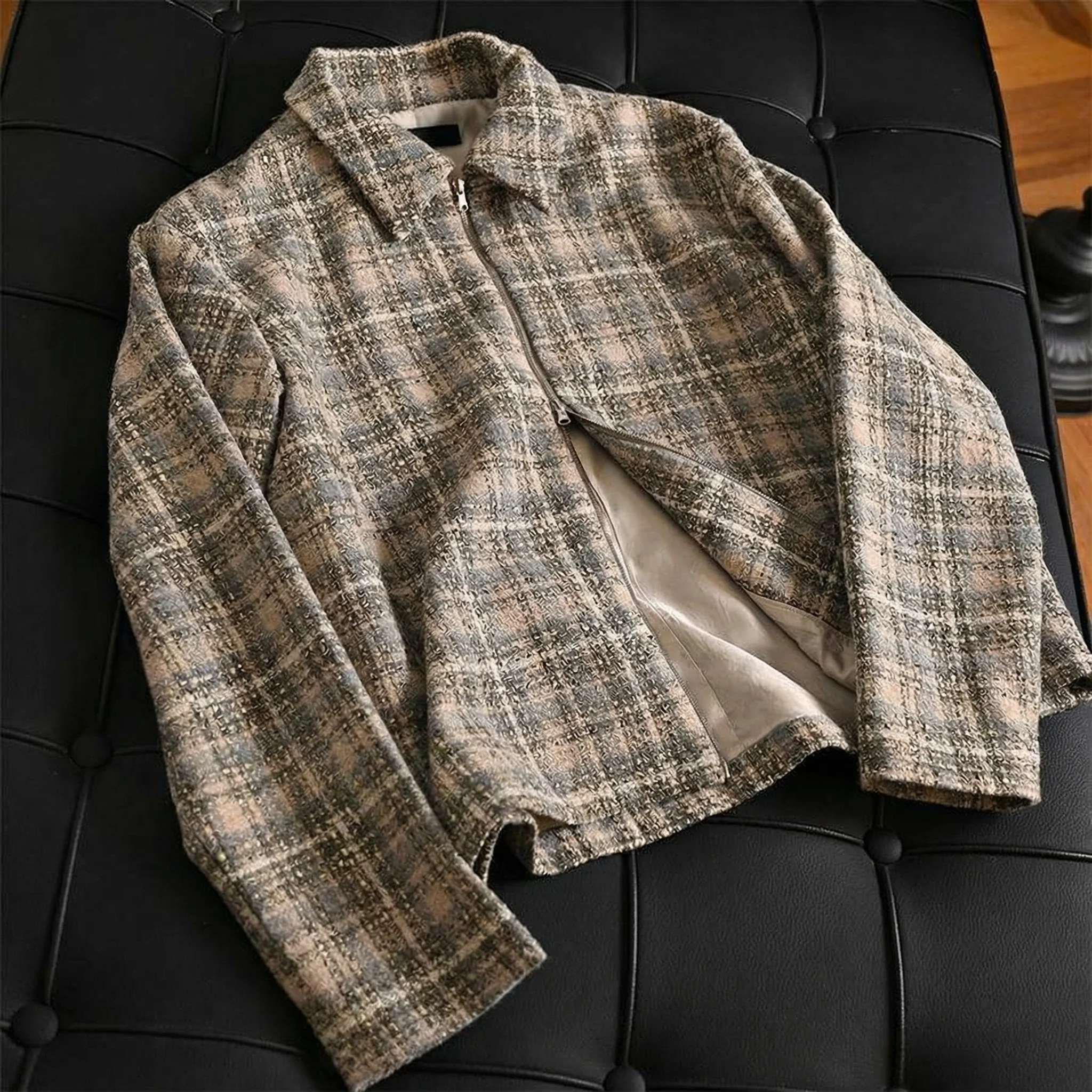 Plaid Tweed Short Zipper Jacket - Image 5