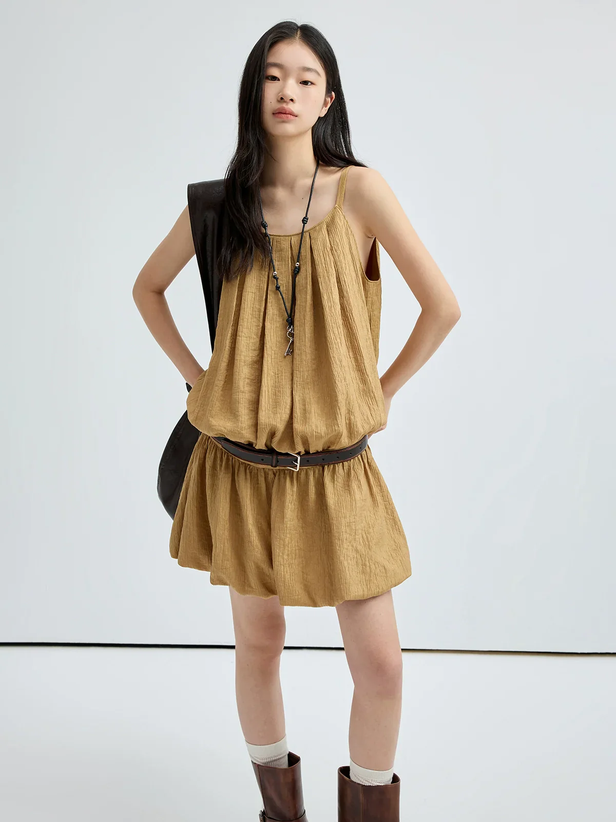 Pleated Drop-Waist Tulip-Hem Mini Dress