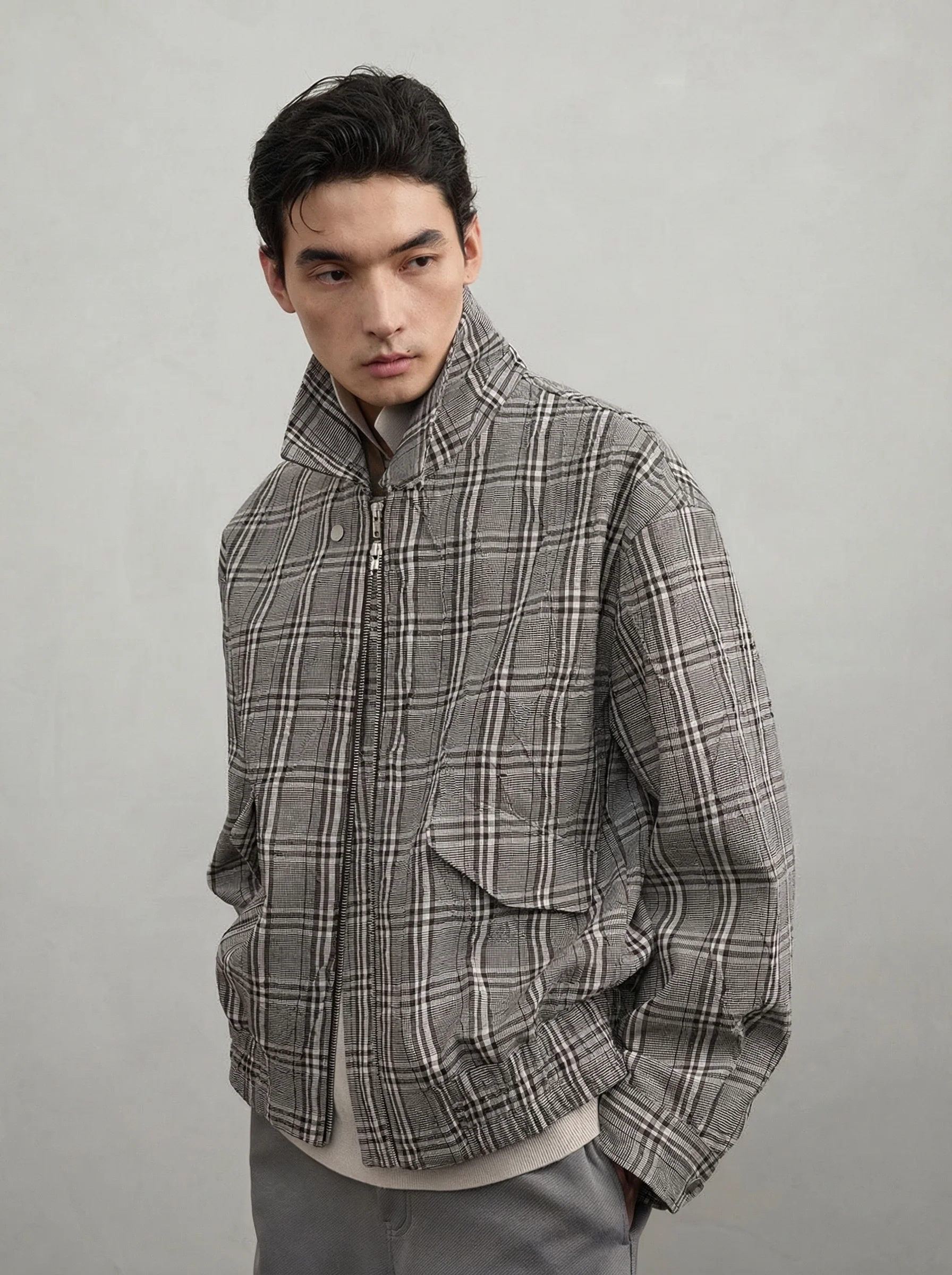 Pleated Glen Plaid Zip Jacket - Image 3