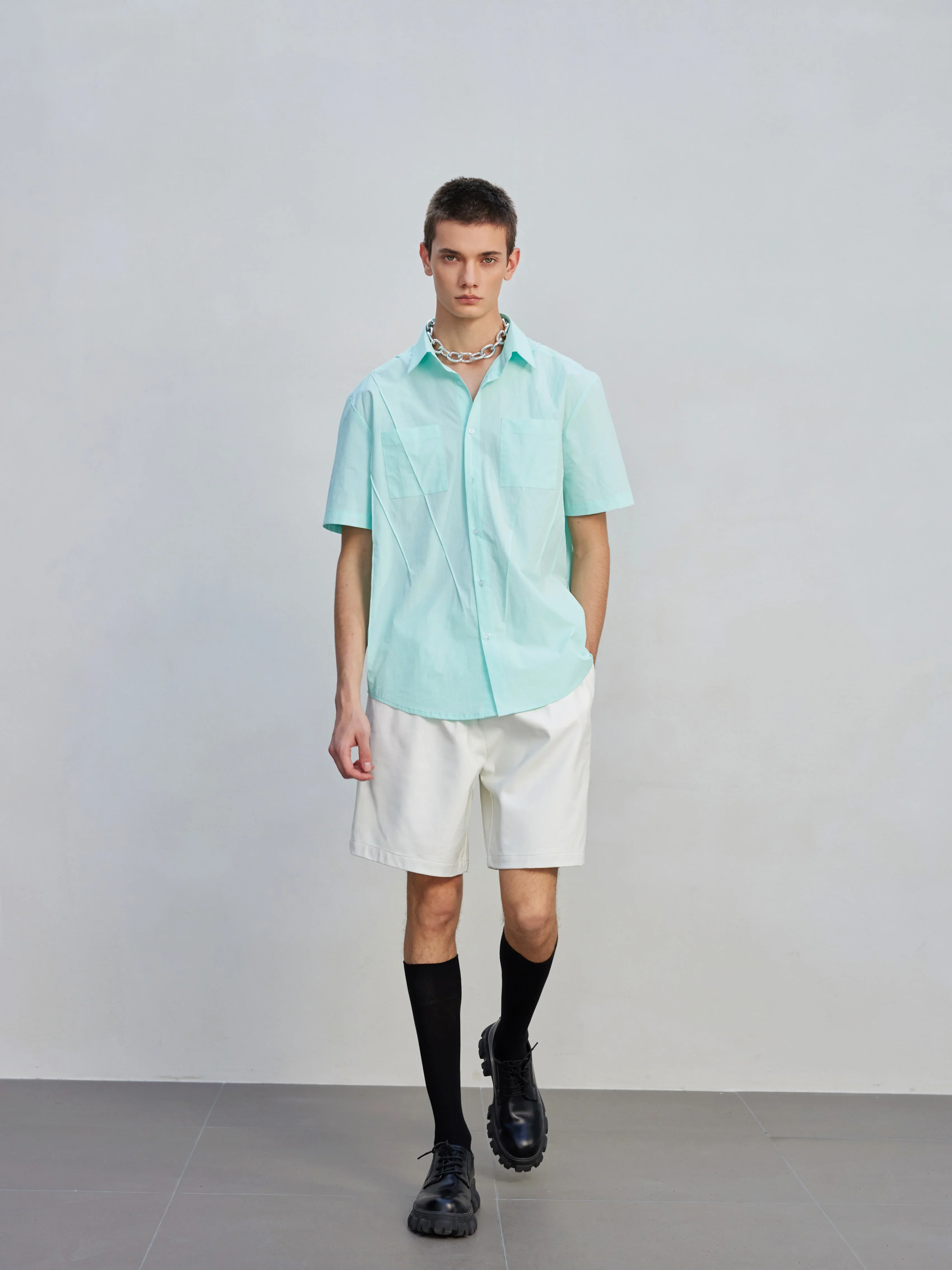 Pleated Mint Cotton Short-Sleeve Shirt - Image 2