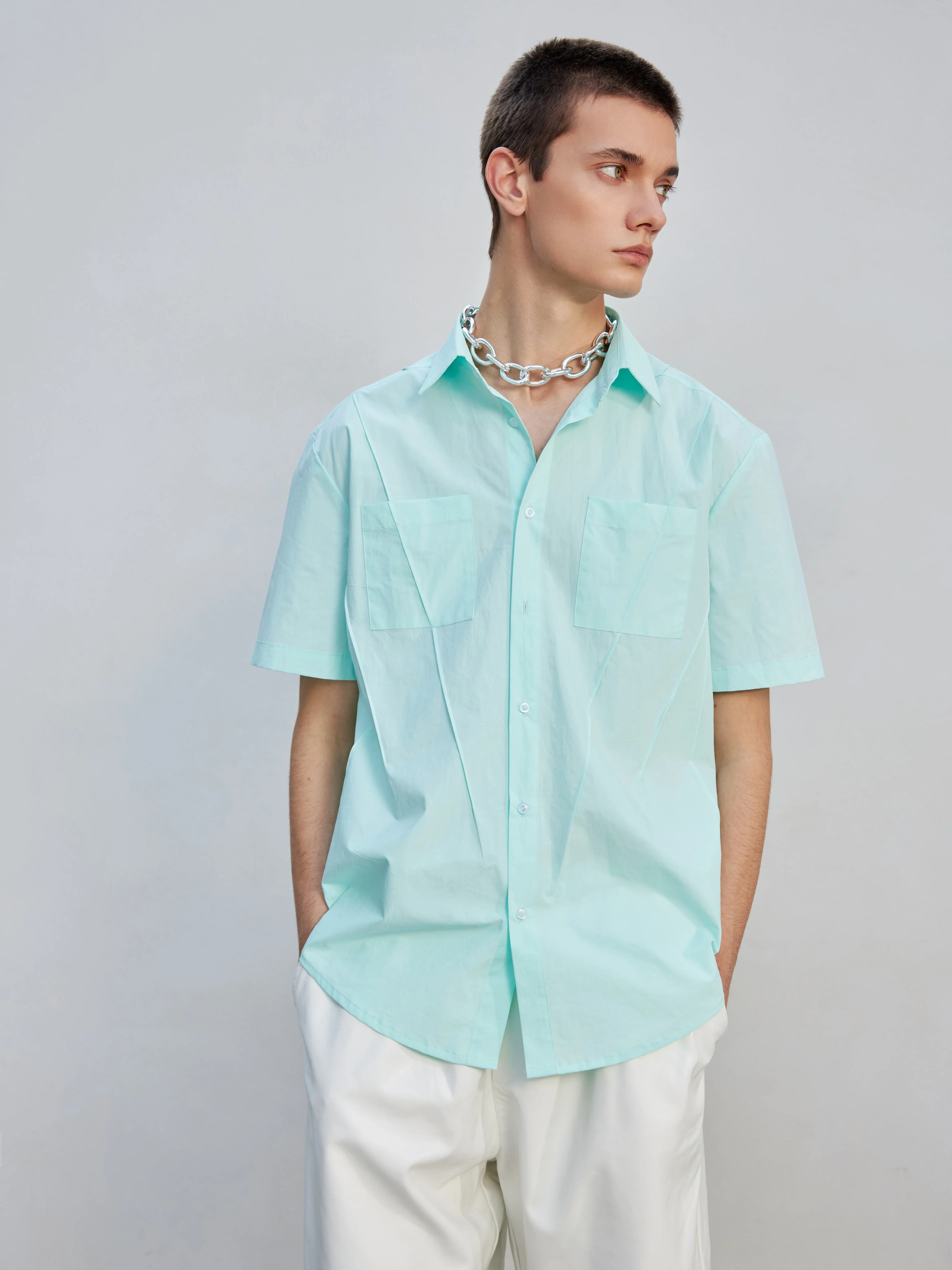 Pleated Mint Cotton Short-Sleeve Shirt - Image 6