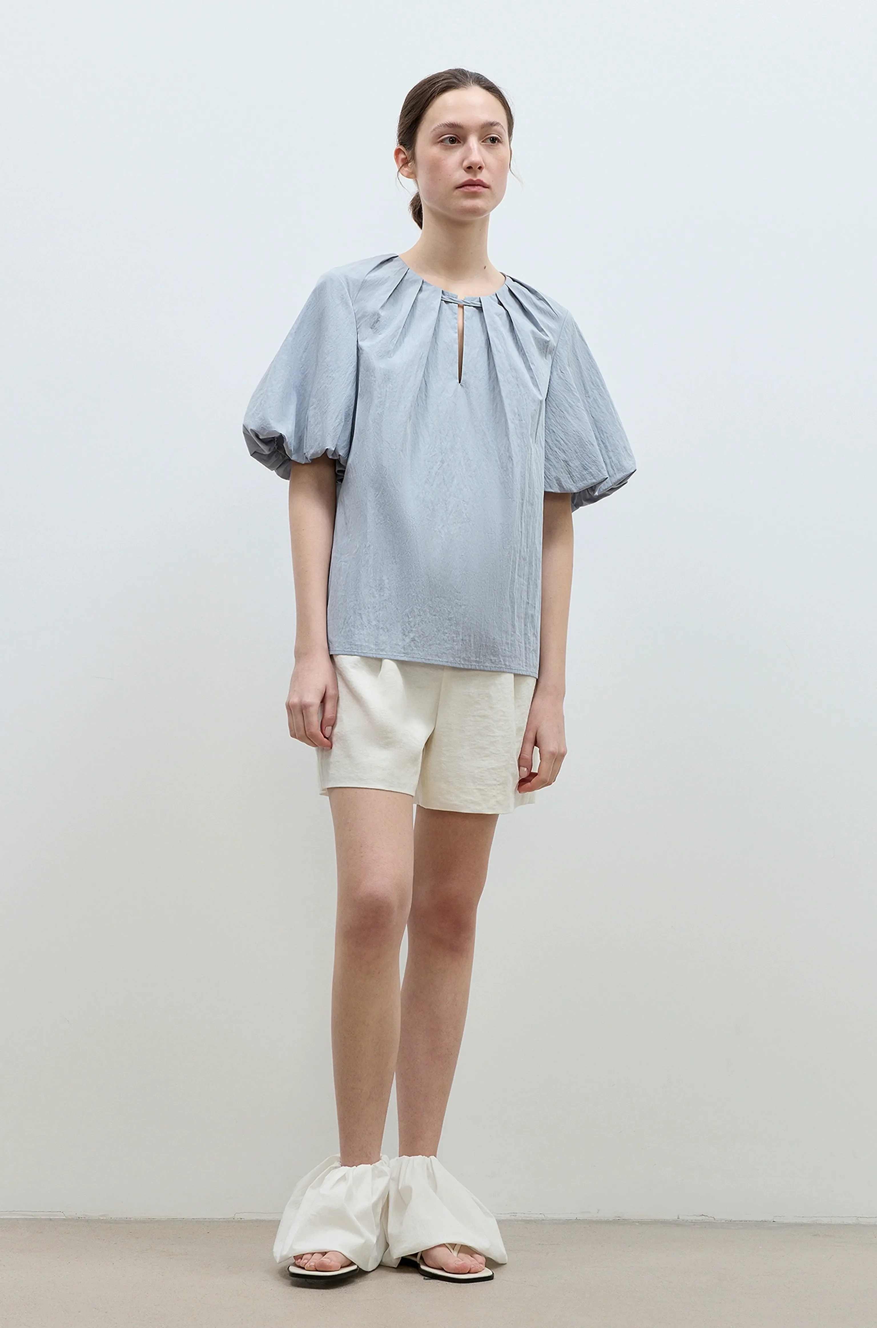 Pleated Tie-Neck Puff Blouse - Image 4