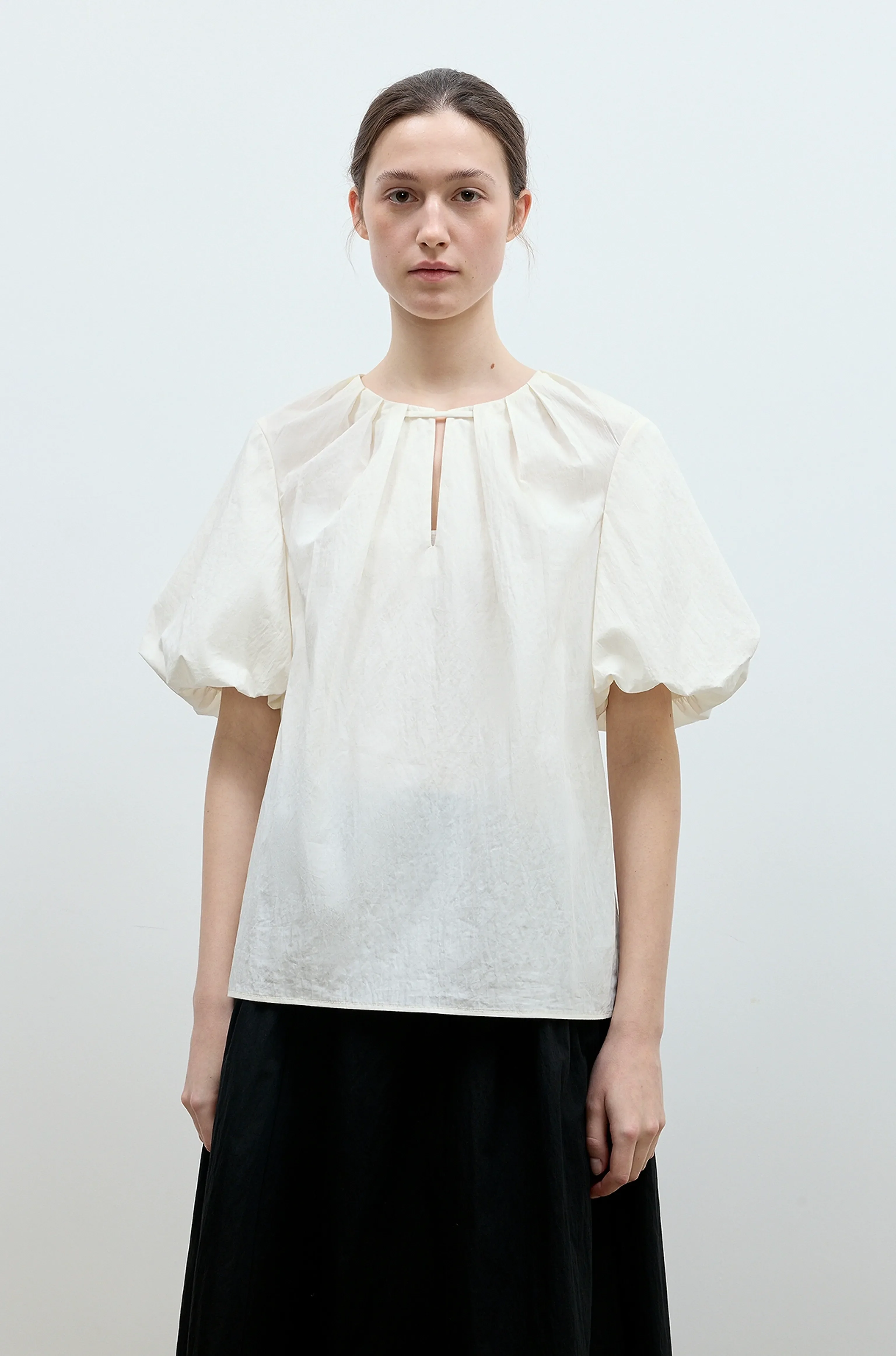 Pleated Tie-Neck Puff Blouse - Image 5