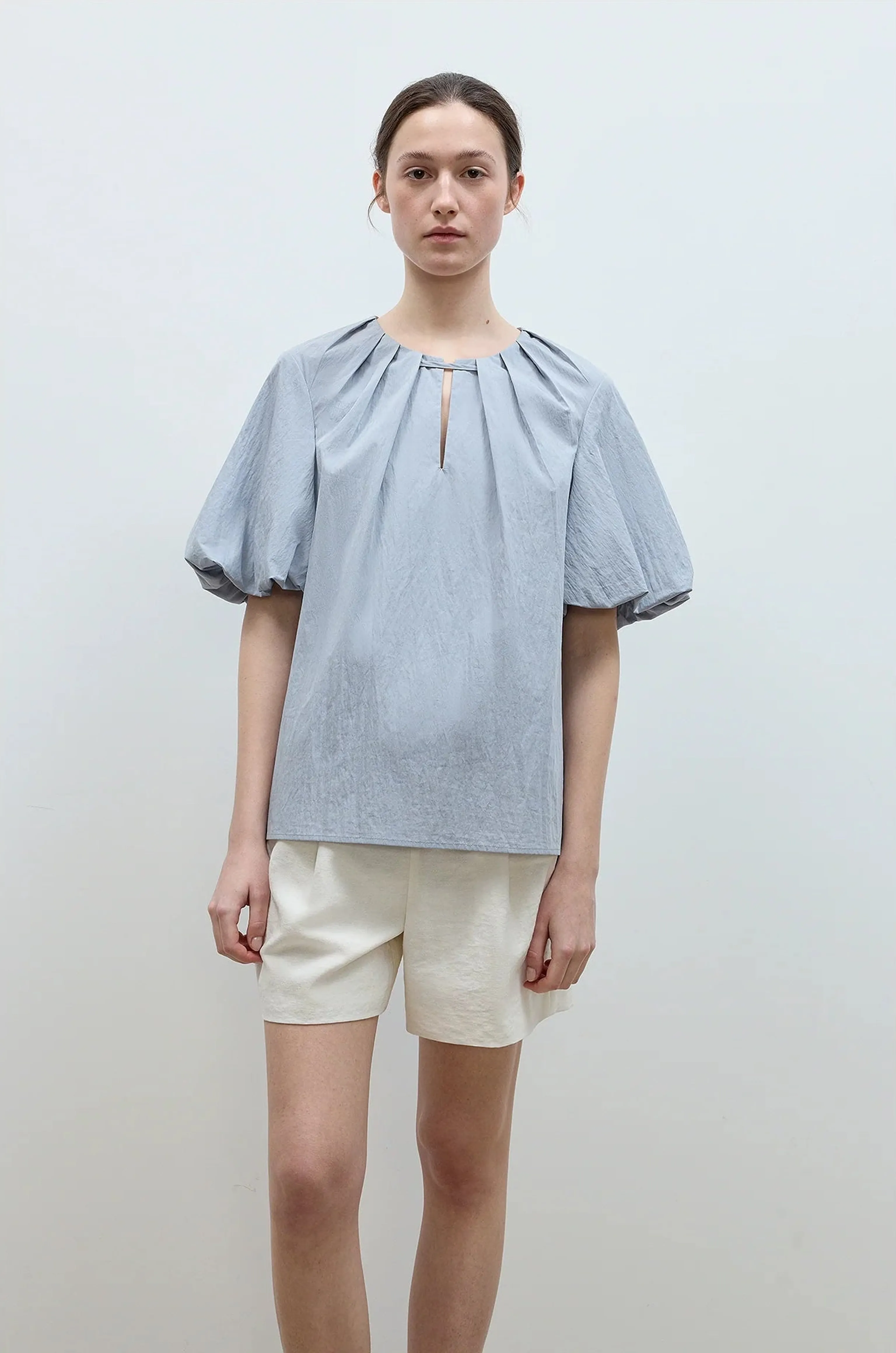 Pleated Tie-Neck Puff Blouse - Image 6