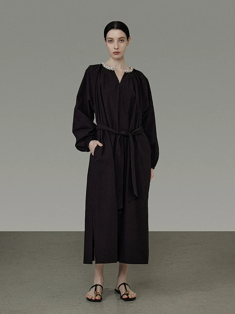 Pleated V-Neck Long-Sleeve Maxi Dress