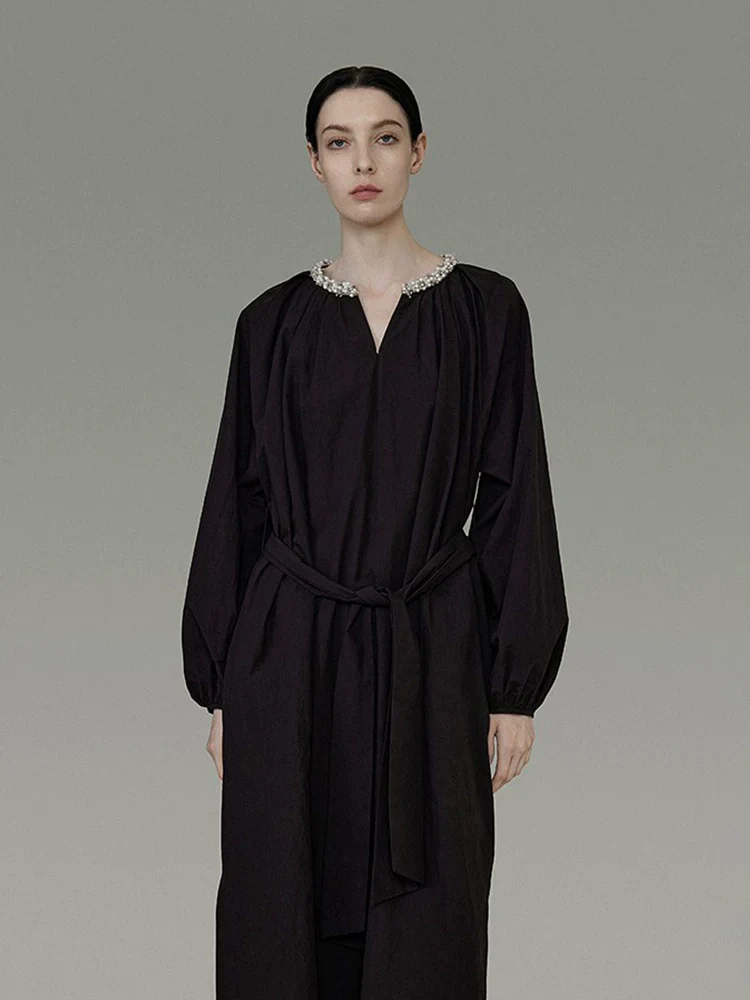 Pleated V-Neck Long-Sleeve Maxi Dress - Image 3