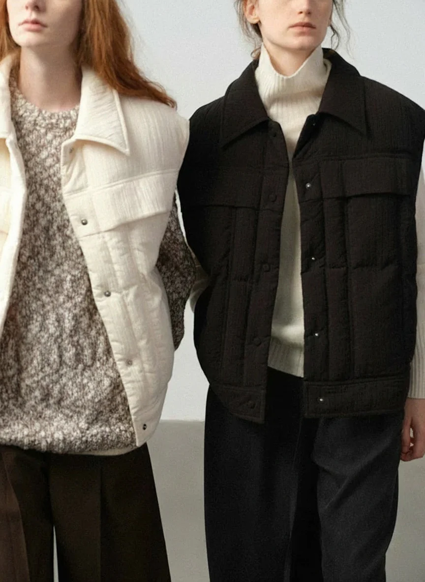 Point-Collar Textured Down Vest - Image 6