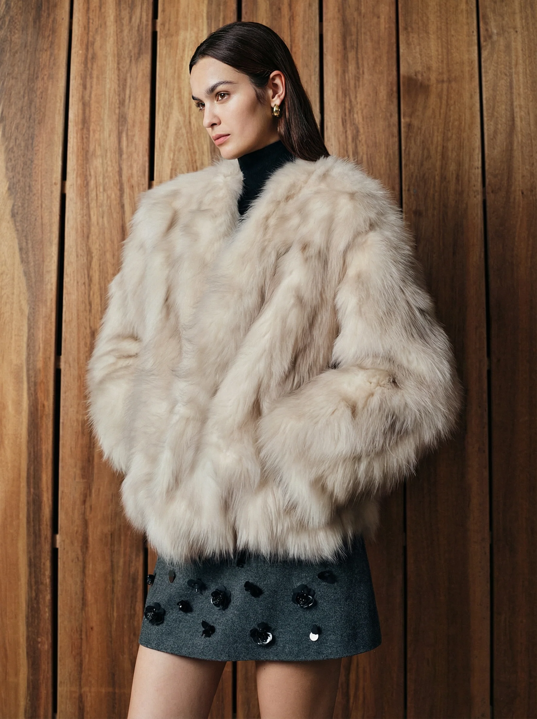 Polar Snow Fox Fur V-Neck Coat
