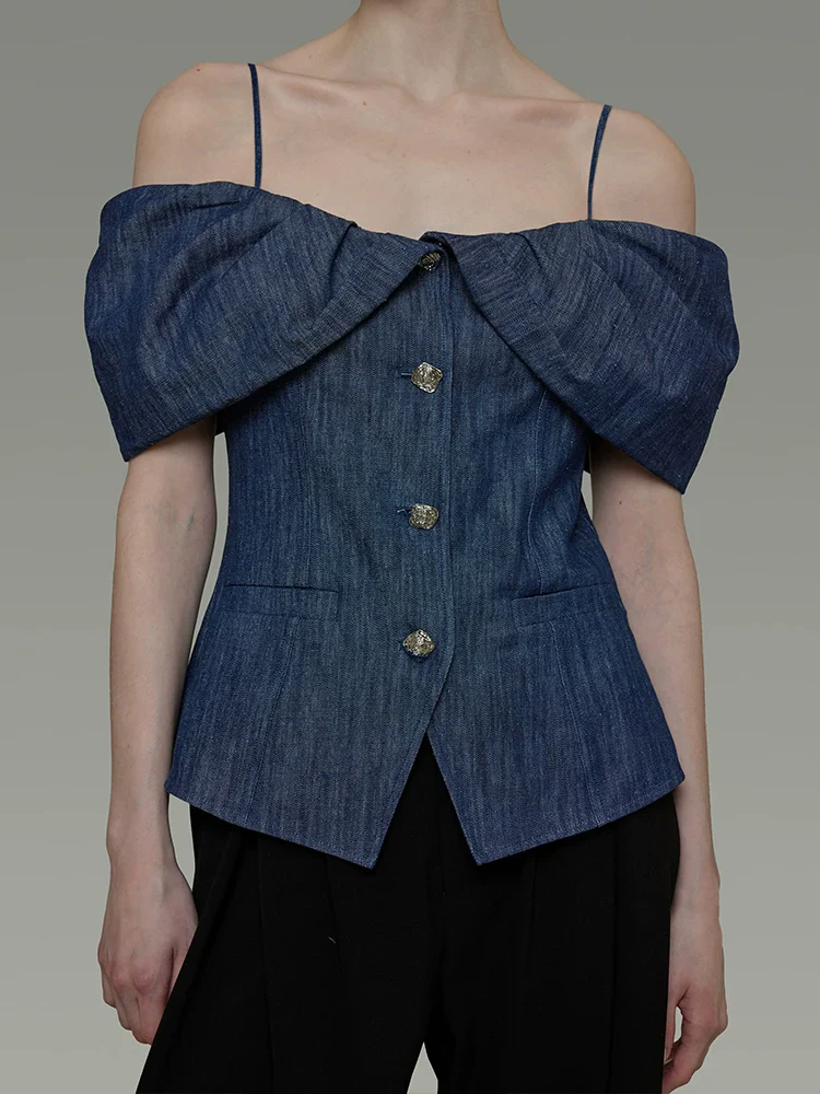 Puff-Sleeve Denim Corset Top - Image 3