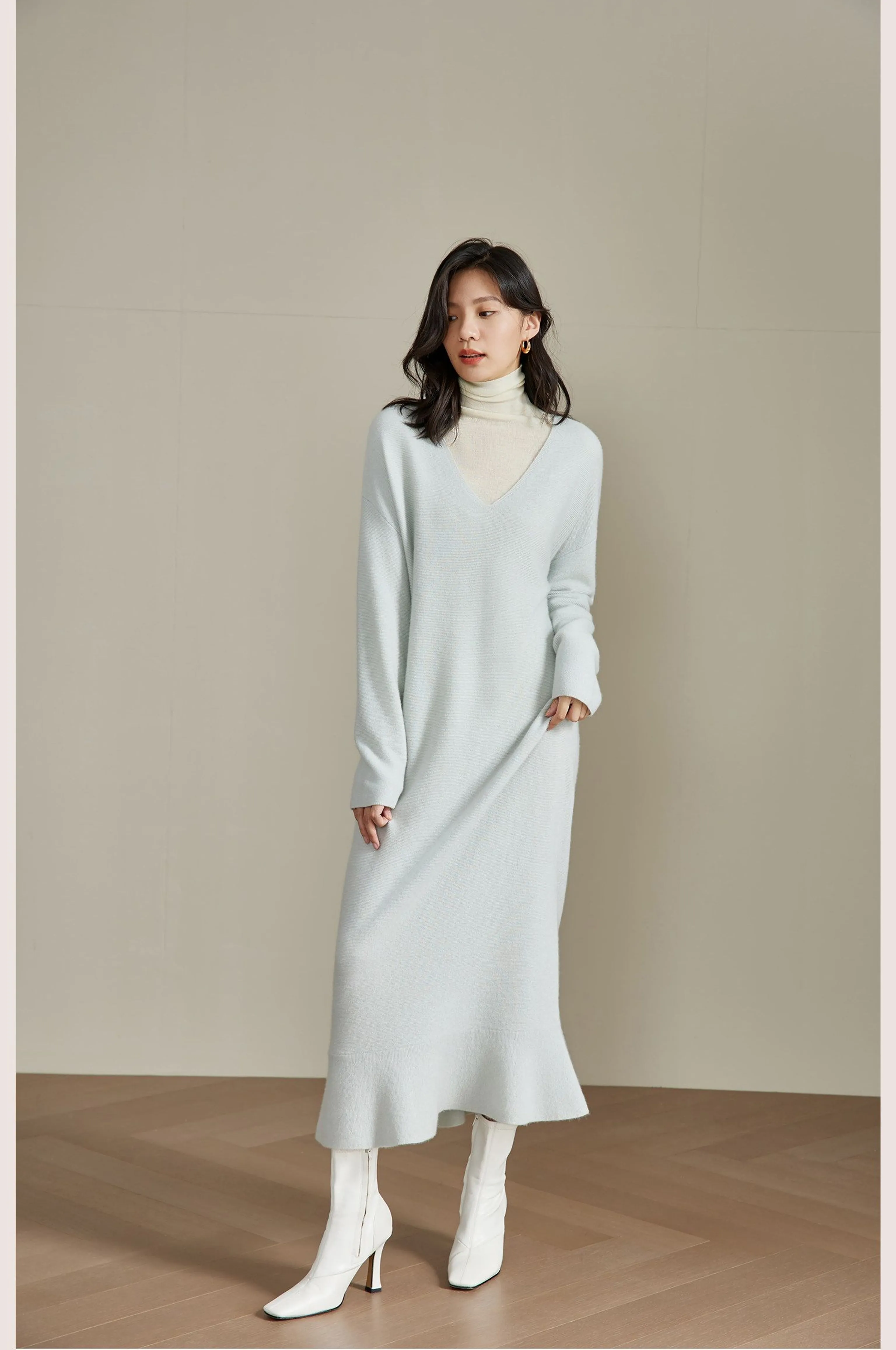 Pure Cashmere V-neck Ruffle-Hem Dress - Image 2