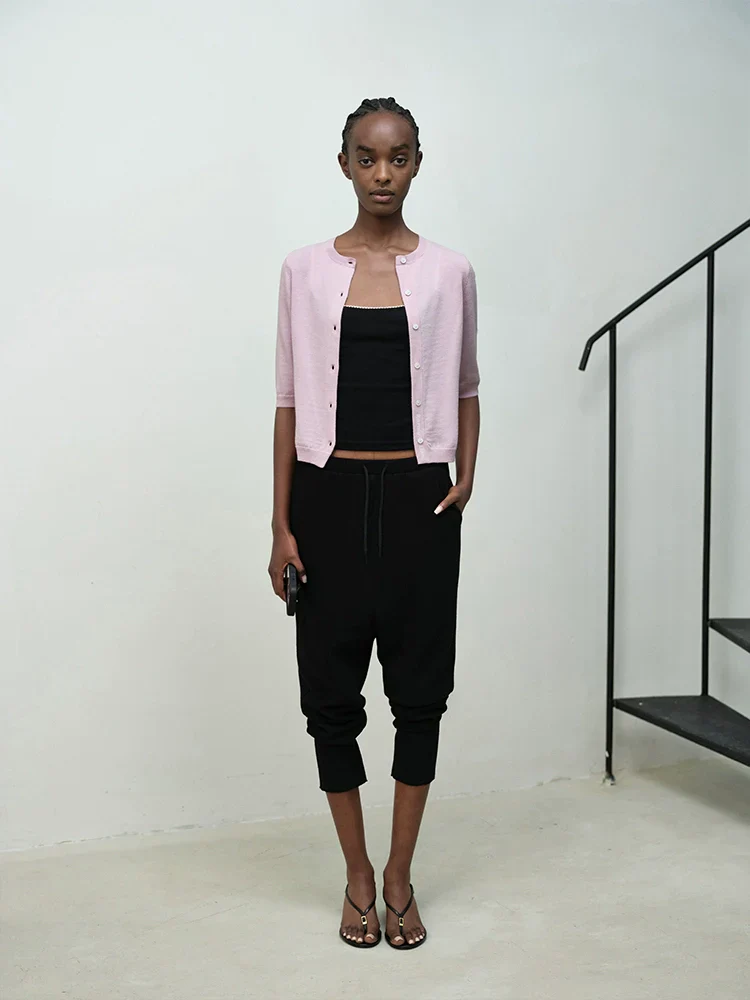 Pure Wool Logo-Jacquard Mid-Sleeve Cardigan