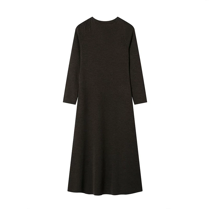Pure Wool Round-Neck Slim Midi Dress - Image 2