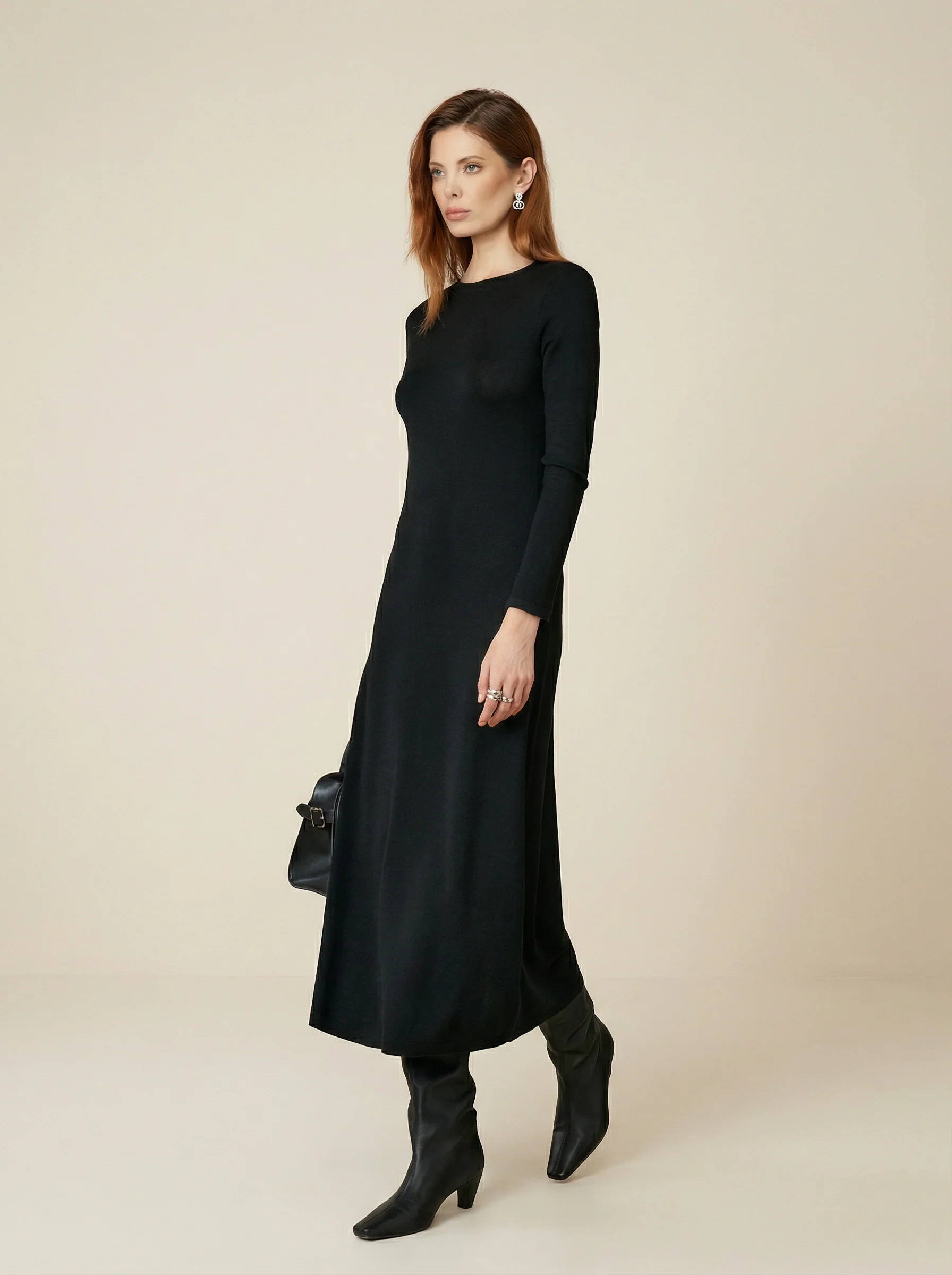 Pure Wool Round-Neck Slim Midi Dress - Image 6