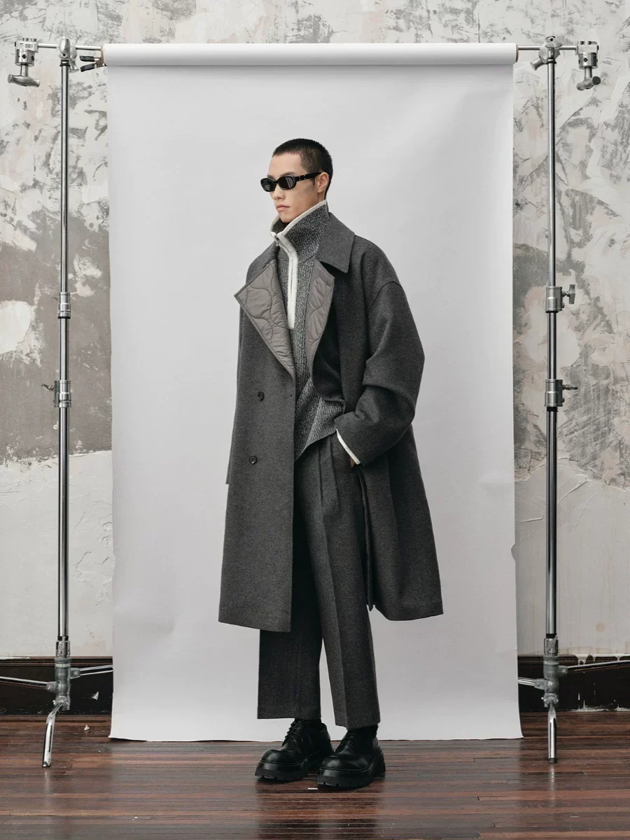 Quilted-Lapel Double-Breasted Wool Coat