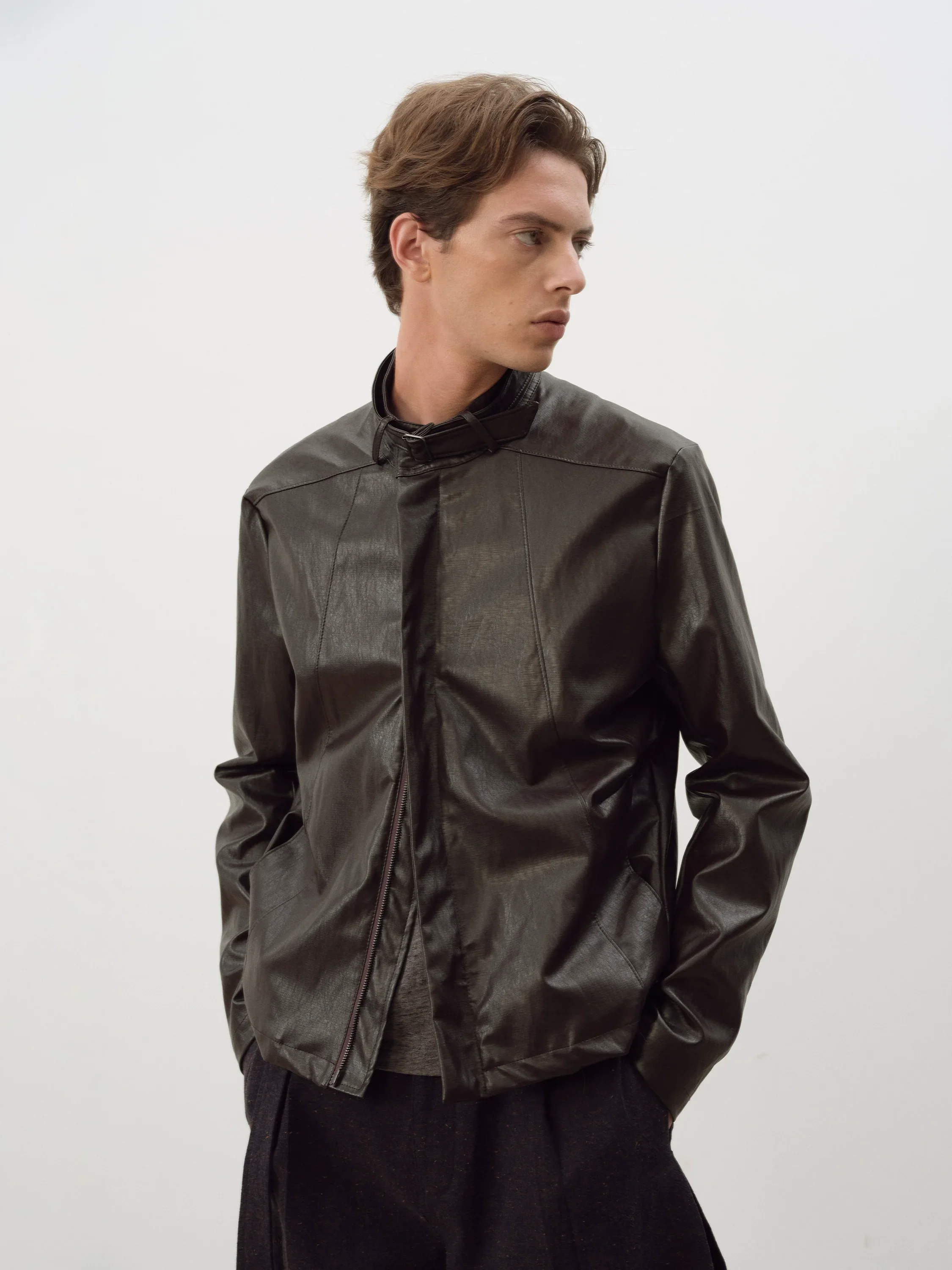 Reddish Brown Stand-Collar PU Jacket
