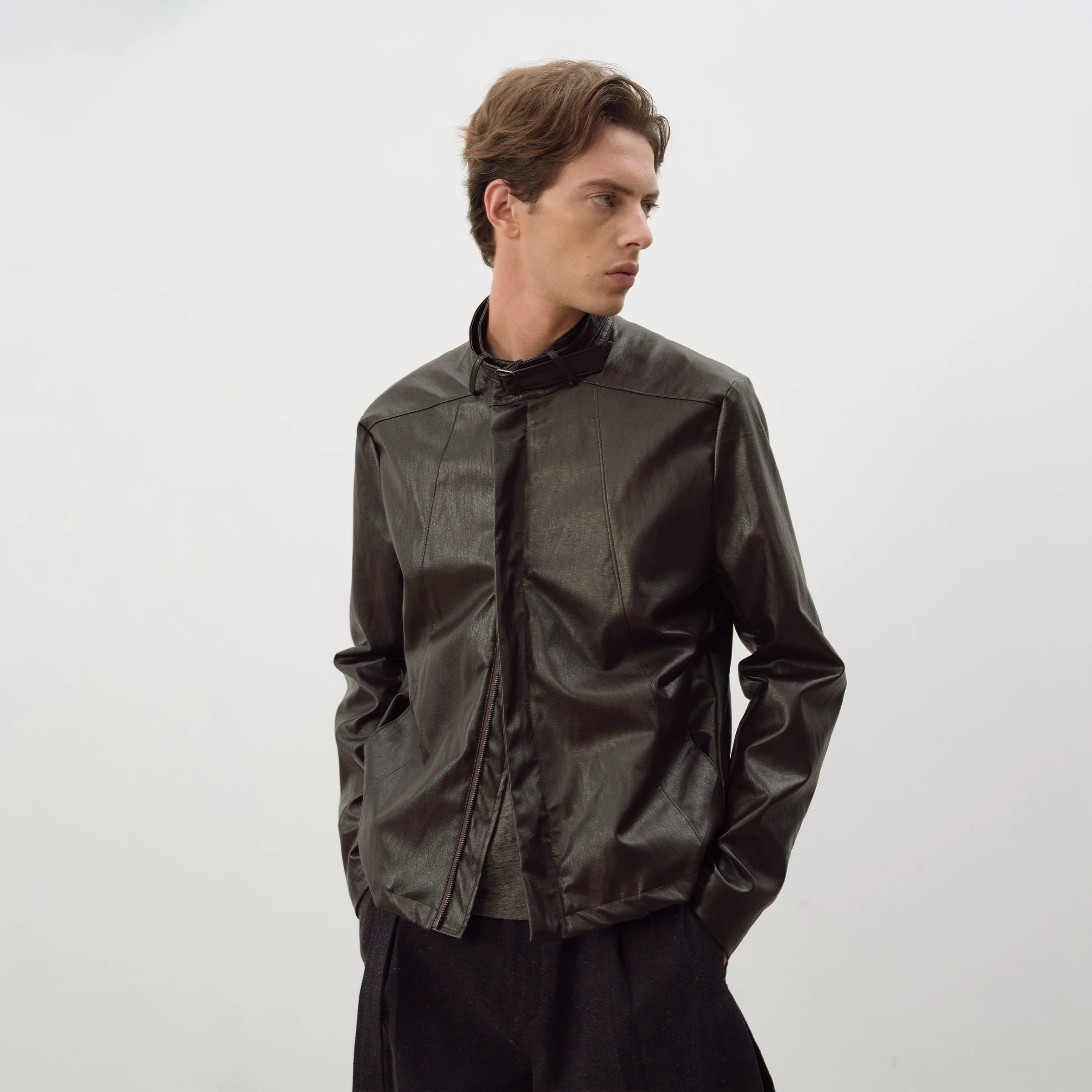 Reddish Brown Stand-Collar PU Jacket - Image 6