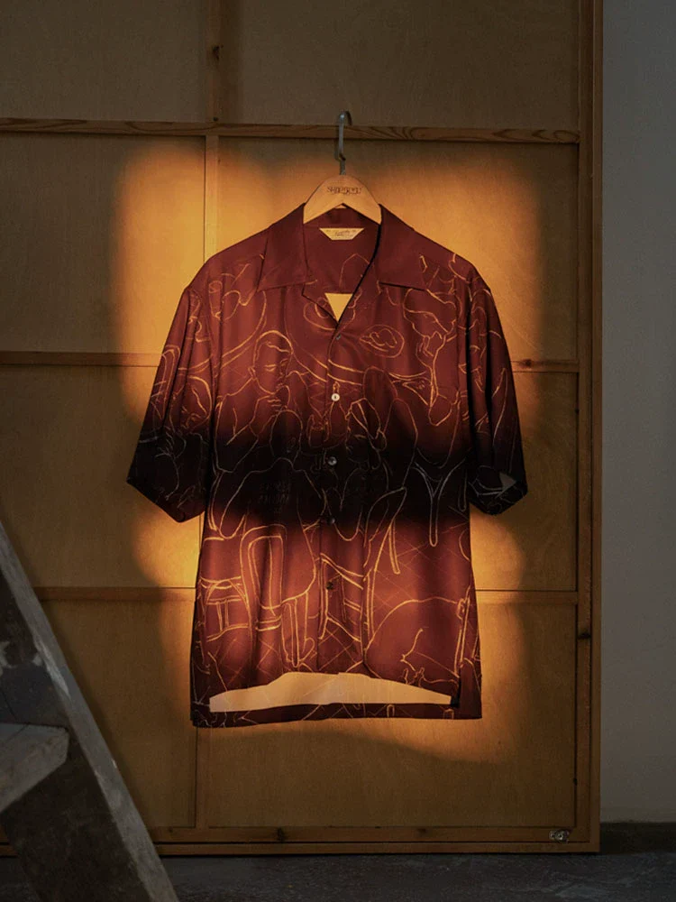 Retro Line-Drawn Cuban Collar Shirt