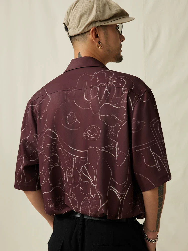 Retro Line-Drawn Cuban Collar Shirt - Image 4