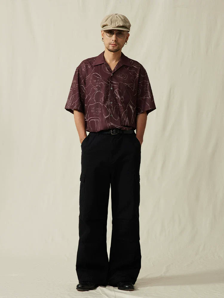 Retro Line-Drawn Cuban Collar Shirt - Image 5