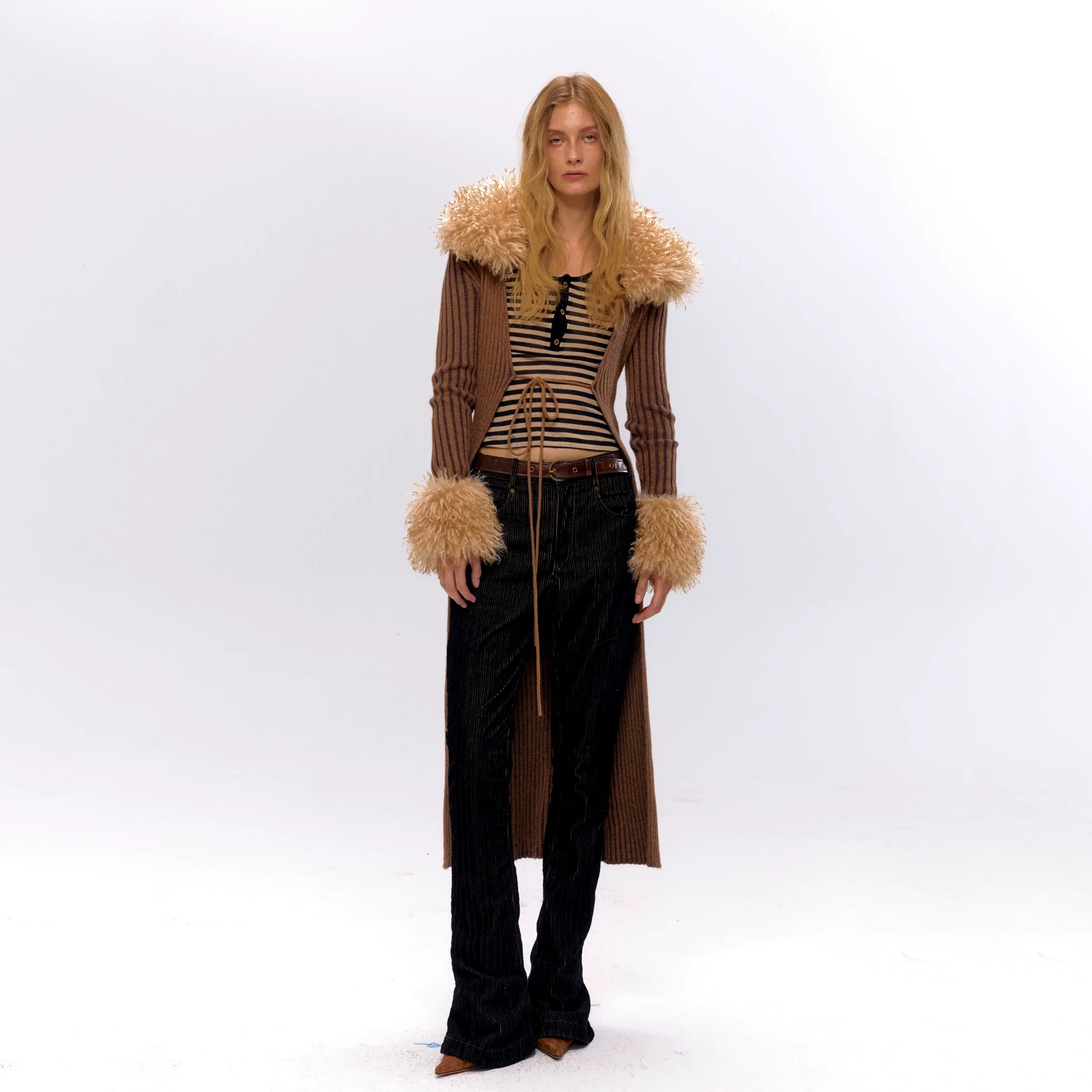 Ribbed Fur Collar Cardigan