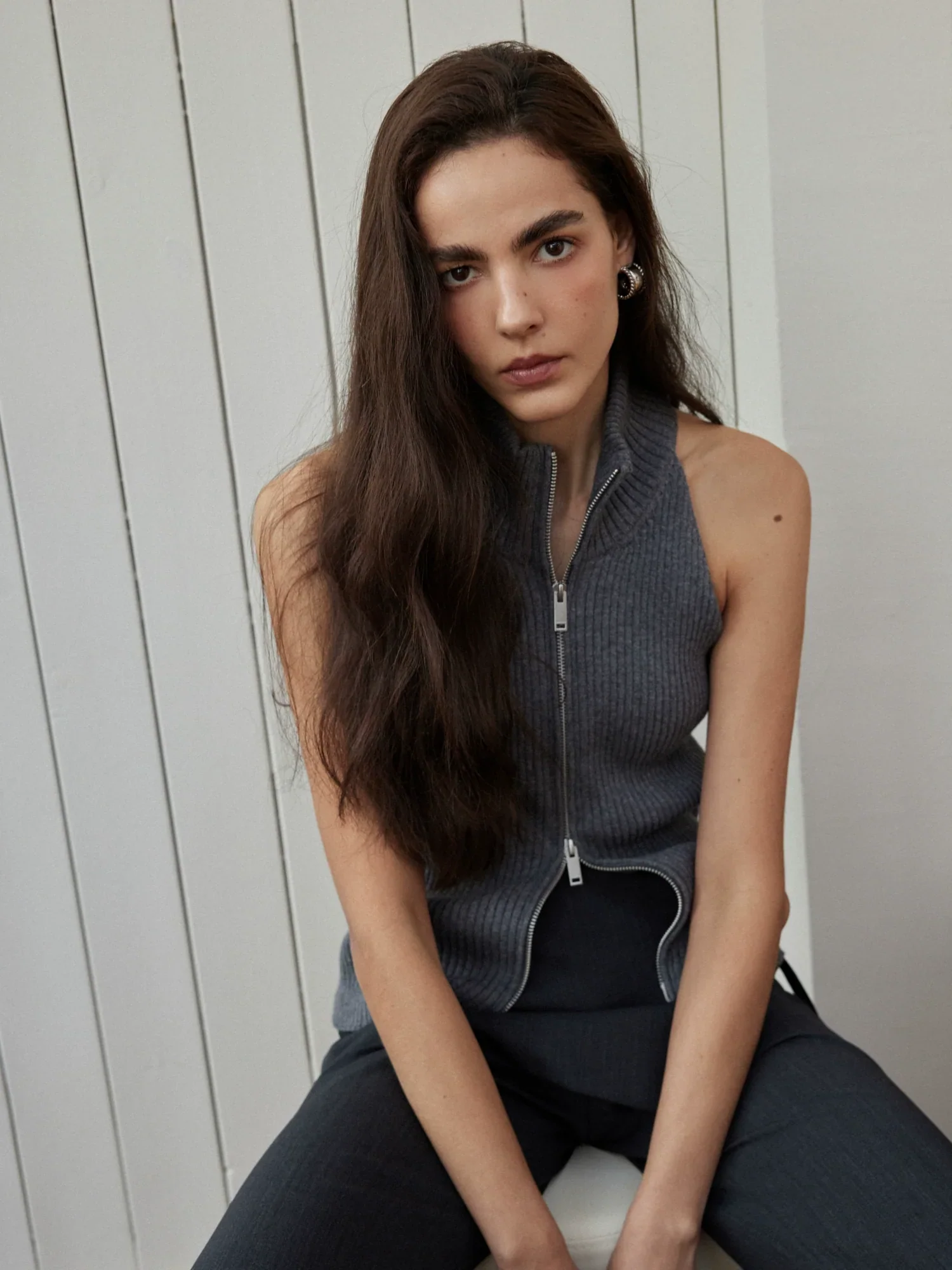 Ribbed Mock-Neck Zip Vest
